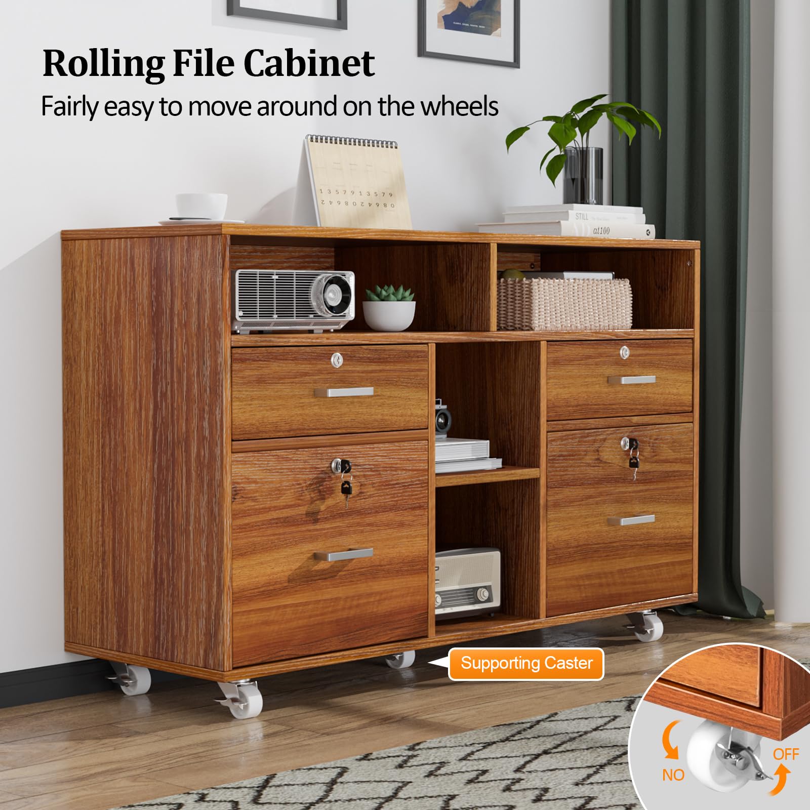 VINGLI 4-Drawer Wood Lateral File Cabinet with Lock & Open Shelves - Lockable Rolling Office Storage for Letter Size Files, Home Office Organization, Printer Stand (Walnut Finish) - Perfect for Home Office, Study Room & Workspace Storage