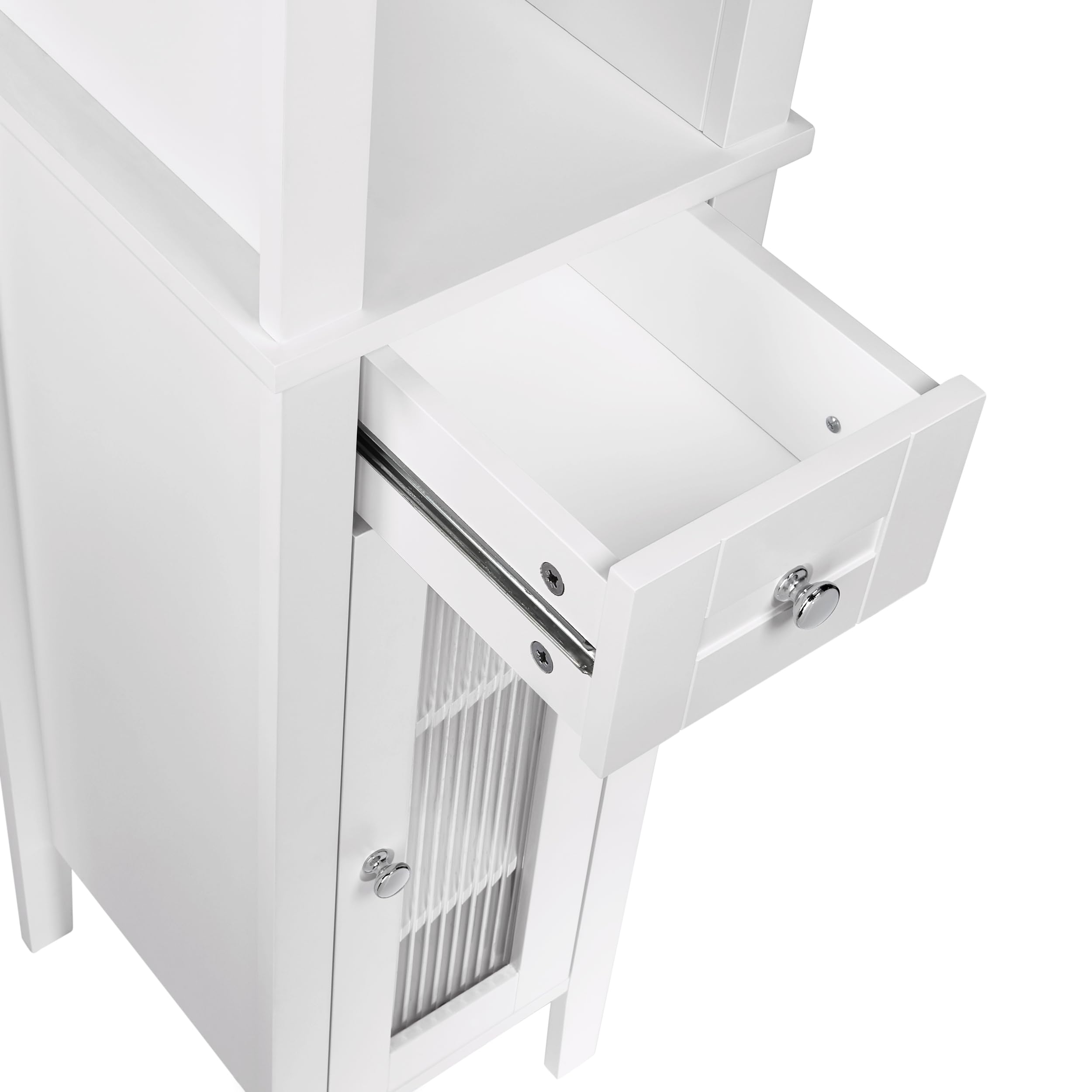 RiverRidge Prescott Tall Bathroom Storage Cabinet with Reeded Soft-Close Glass Door - 3 Open Shelves & Drawer - Slim Narrow Bathroom Vanity Organizer for Towels, Toiletries & Cosmetics - Perfect for Small Bathrooms, Powder Rooms & Apartment Living