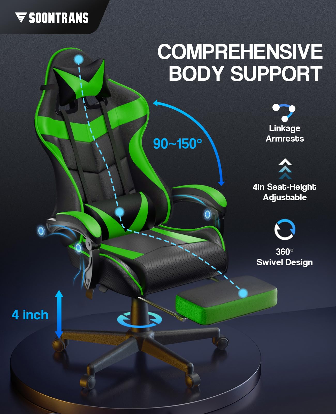 Soontrans Ergonomic Gaming Chair with Adjustable Headrest & Lumbar Support - Racing Style Computer Gamer Chair with Footrest (Jungle Green) - Perfect for Esports, Streaming & Home Office Setup