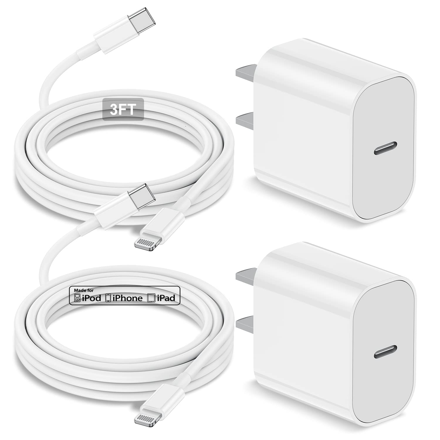 2-Pack Apple MFi Certified 20W PD Fast Charger with 3FT Lightning Cable - Compatible with iPhone 13/12/11 Series, iPad & AirPods - Perfect for Home, Office & Travel Charging
