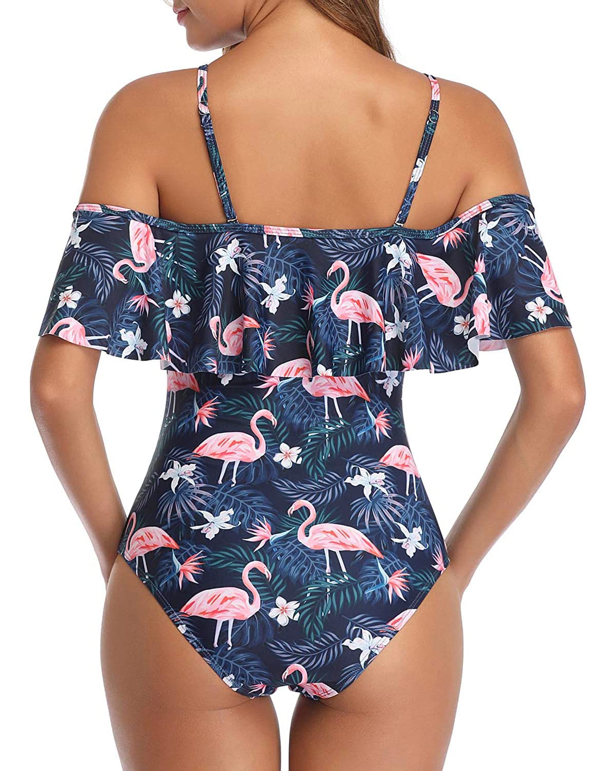 Women's Off Shoulder One Piece Swimsuit with Ruffled Sleeves - Retro Vintage Bathing Suit for Beach, Pool Party & Summer Vacation