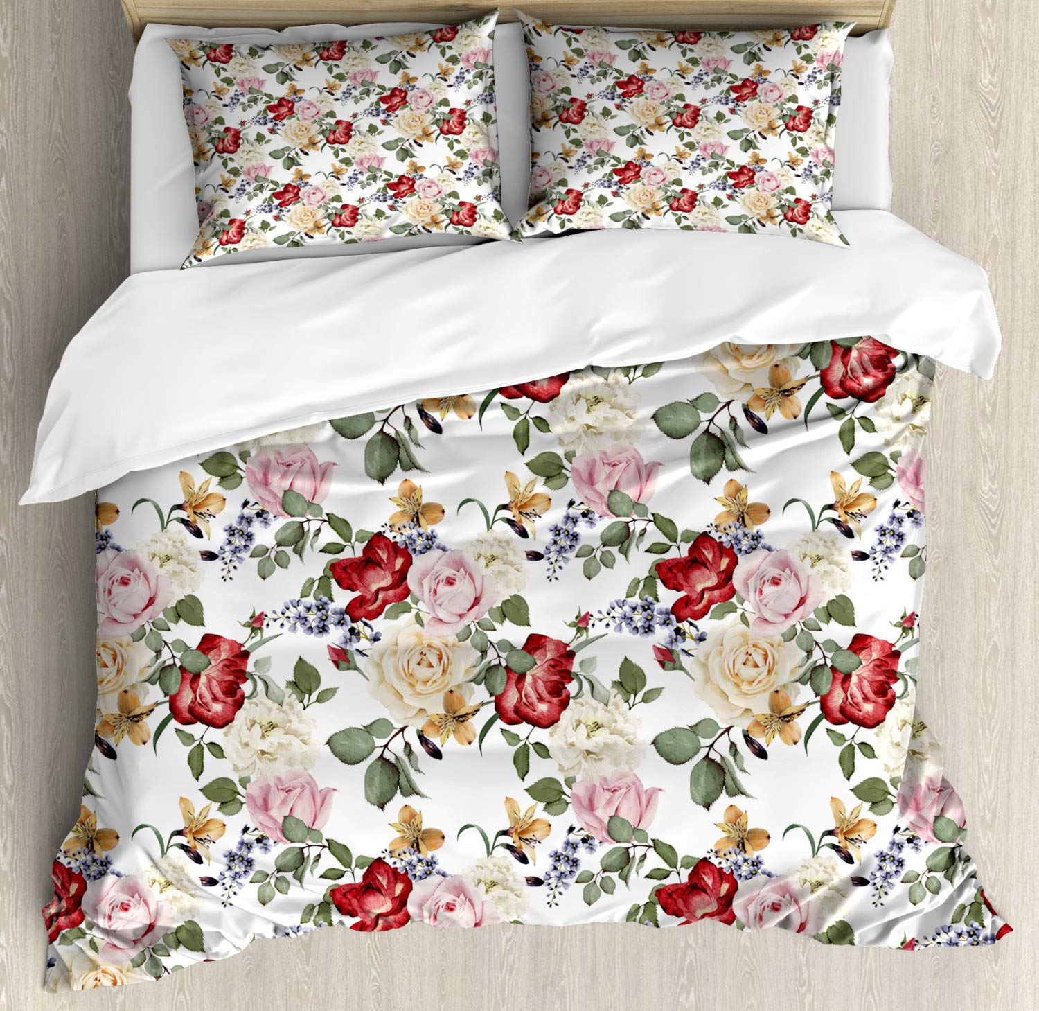 Ambesonne Shabby Floral Duvet Cover Set - King Size 2-Pack with 2 Duvet Covers & 4 Pillowcases | Vintage Roses Lilacs Leaves Print in Pale Pink Cream | Perfect for Spring Summer Bedroom Decor & Guest Room Makeover
