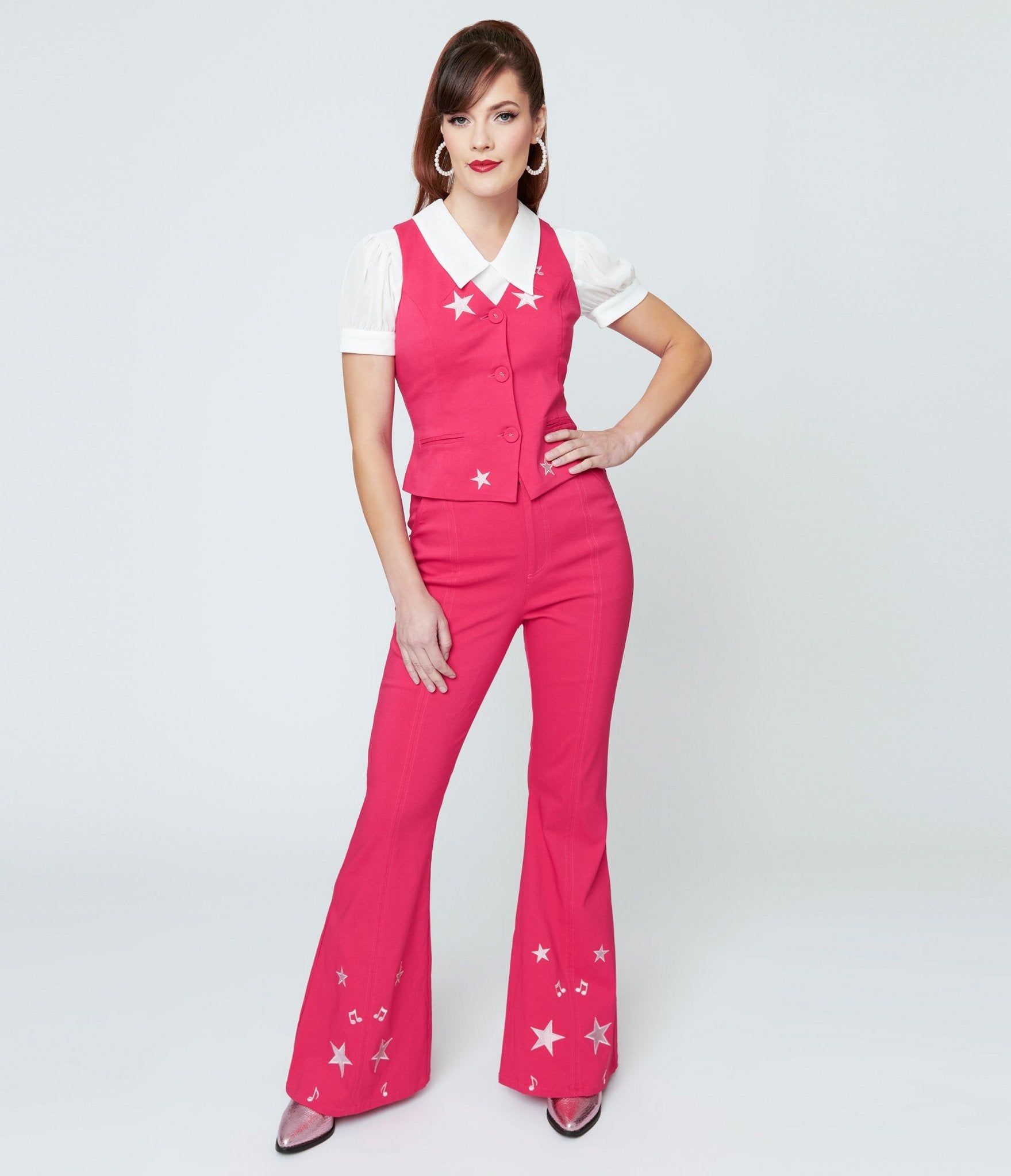 Vintage 1970s Pink Glitter Star Flare Pants - Retro Disco Party Pants for Women, 70s Inspired High Waisted Bell Bottoms for Dancing & Costume Events