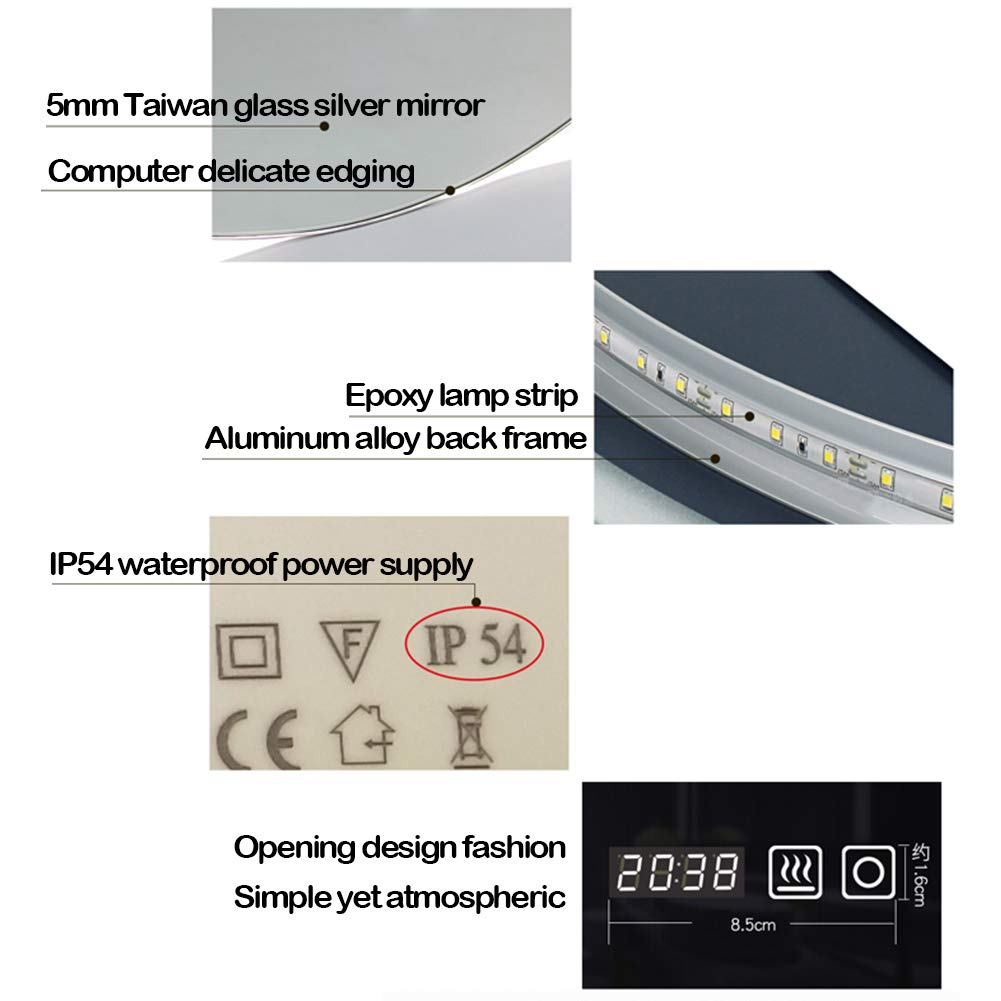 LED Bathroom Mirror with Touch Sensor, Demister & Time/Temperature Display - Wall Mounted Silver Vanity Mirror for Shaving & Makeup (White/Warm Light) - Perfect for Modern Bathrooms, Dressing Rooms & Home Decor
