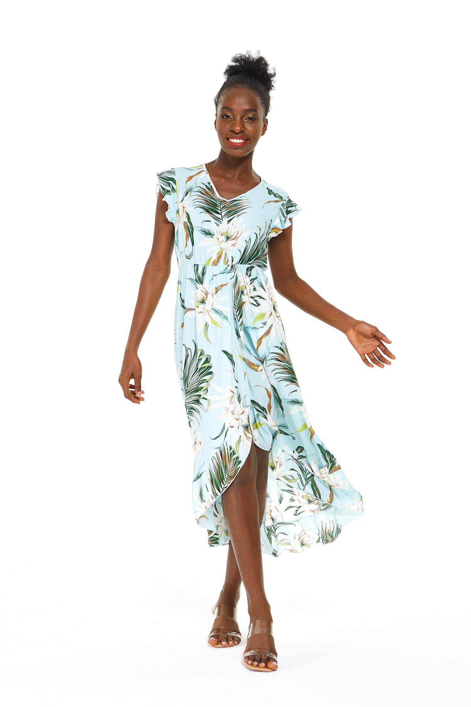 Women's Floral Hawaiian Luau Wrap Ruffle Dress - Tropical Beach Party Outfit for Summer Vacations, Poolside Getaways & Island Weddings