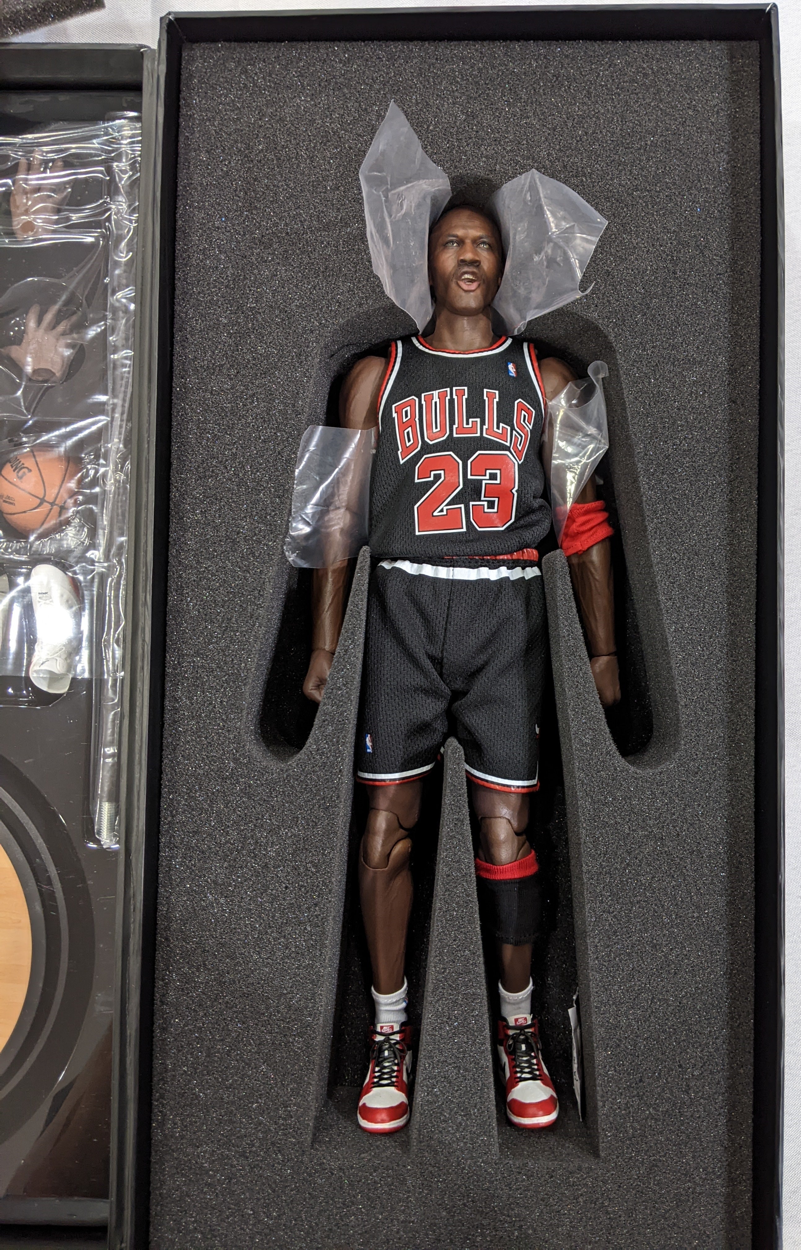 Enterbay Real Masterpieces 1/6 Scale NBA Chicago Bulls Michael Jordan Series 2 - The Last Shot Black Jersey Edition Collectible Action Figure (Open Box) - Perfect for Basketball Fans, Sports Memorabilia Collectors, and Home Office Display