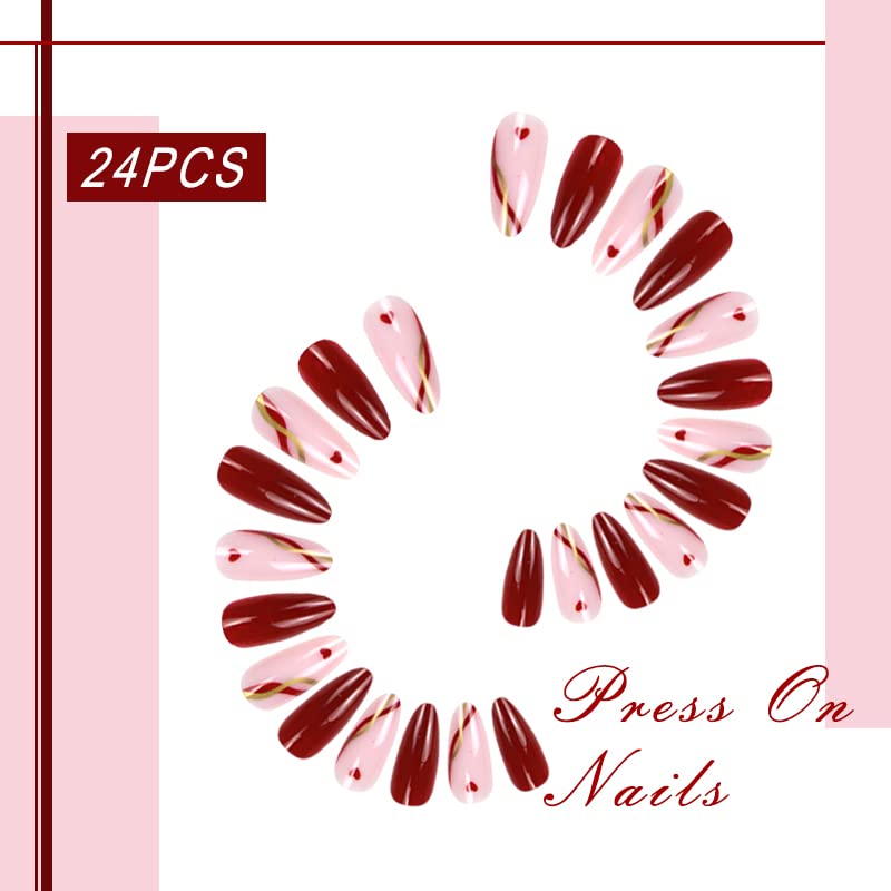 Heart Press on Nails Medium - 24pcs Red Almond French Tip Fake Nails with Gold Line Design & Glue | Full Cover Acrylic False Nails for Women | Perfect for Parties, Weddings, and Special Occasions