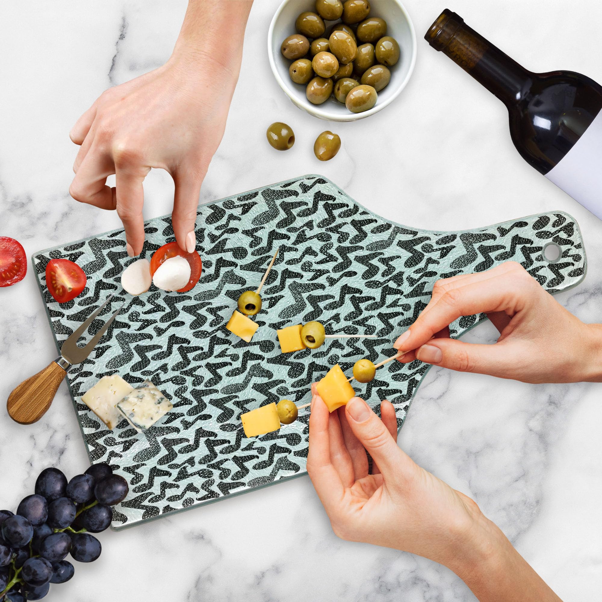 Ambesonne Modern Music Notes Sketch Style Glass Cutting Board - Hand Drawn Doodle Art Design - Tempered Glass Serving Board for Kitchen & Entertaining - Wine Bottle Shape Black & White Decorative Board - Perfect for Cheese Platters, Charcuterie & Wine Pairings