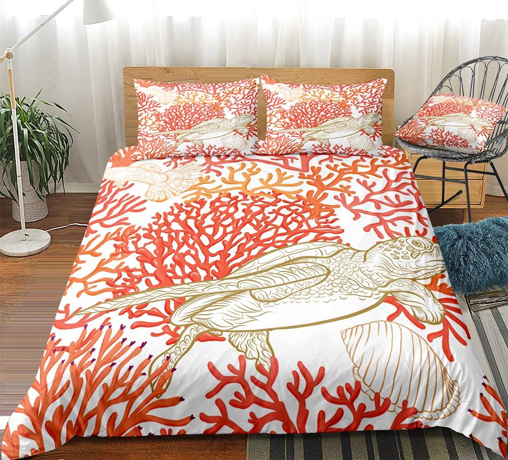 Soft Coral Sea Turtle Twin Duvet Cover Set for Kids - 2 Piece Microfiber Bedding with Zipper Closure (68