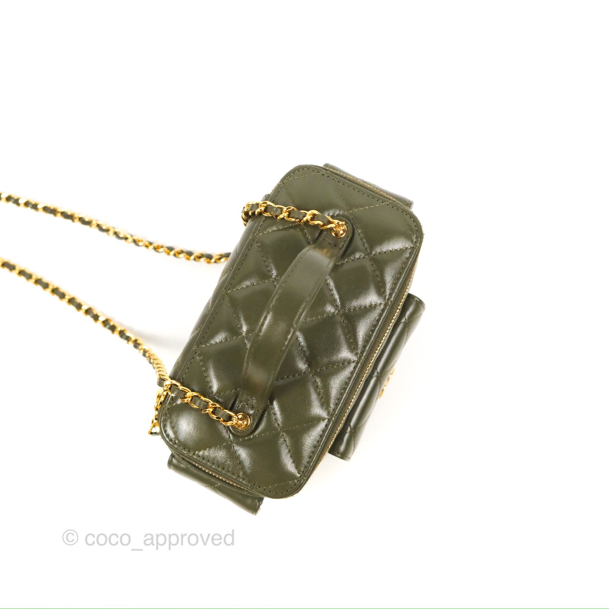 Chanel 22K Khaki Green Lambskin Cargo Pocket Top Handle Vanity Bag with Chain - Luxury Crossbody Purse for Women, Perfect for Date Night & Evening Events