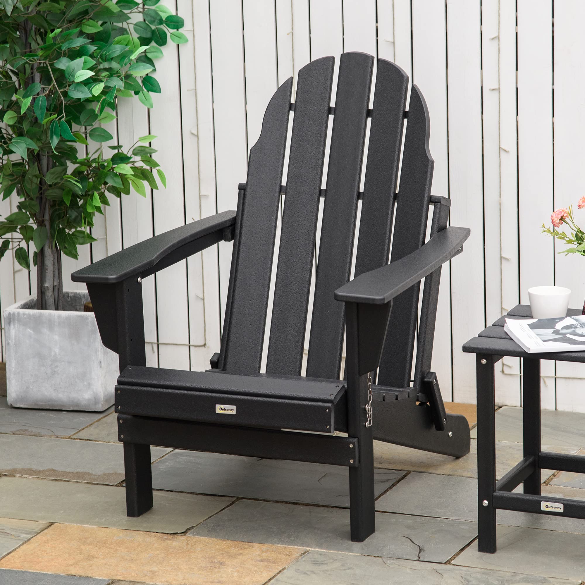 Outsunny Folding Adirondack Chair - Weather-Resistant HDPE Outdoor Fire Pit Chair for Patio, Garden, Backyard, Lawn - Perfect for Camping, Picnics & Relaxing in Black