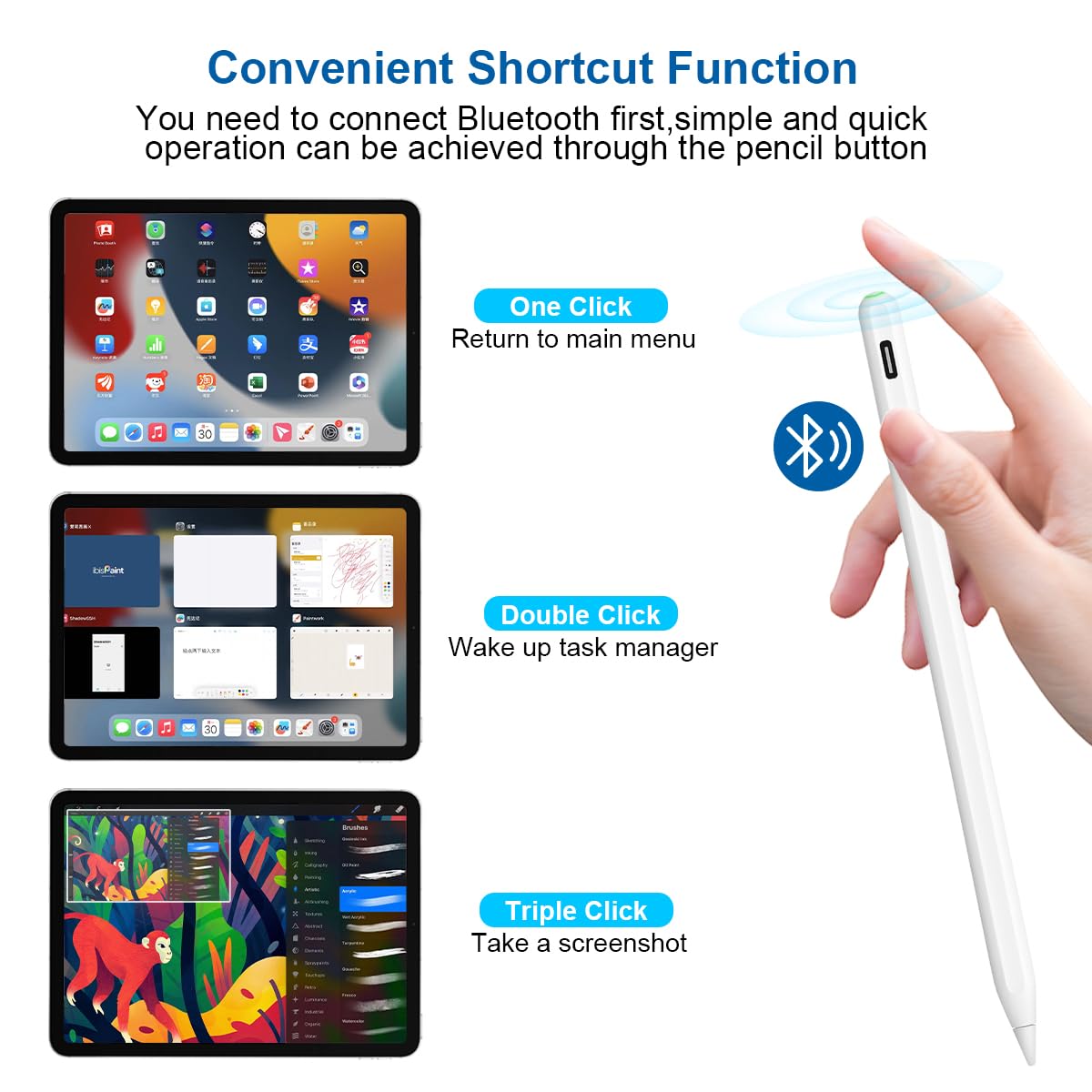 Wireless Charging Stylus Pen for iPad Pro 11/12, iPad 6/7/8/9/10, iPad Air 3/4/5, iPad Mini 5/6 - Palm Rejection & Tilt Detection with Quick Button - Perfect for Drawing, Note-Taking & Digital Art
