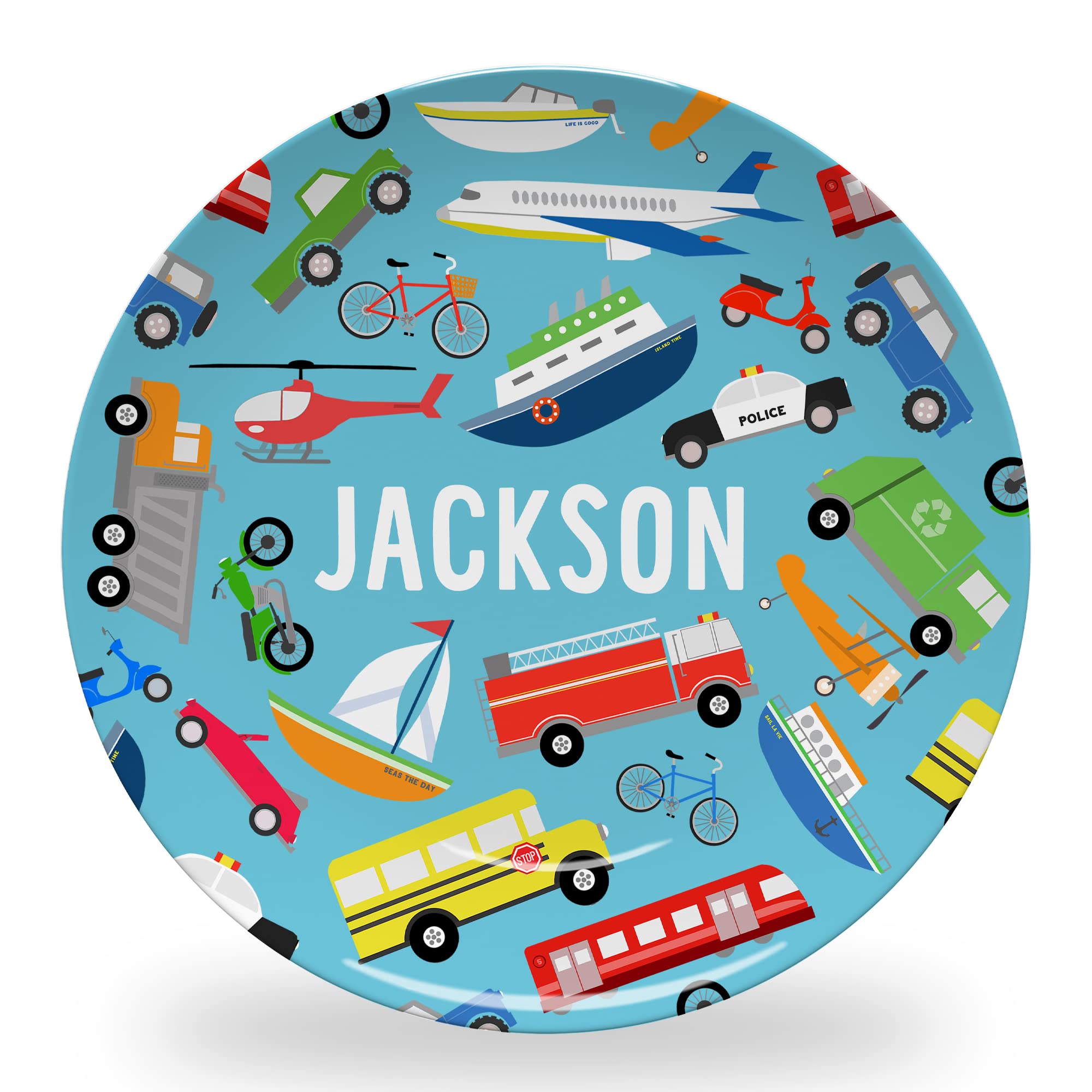 Personalized Transportation Plate for Boys - Custom Name & Colorful Cars & Trucks Design | BPA Free, Dishwasher Safe | Fun Mealtime for Toddlers & Kids