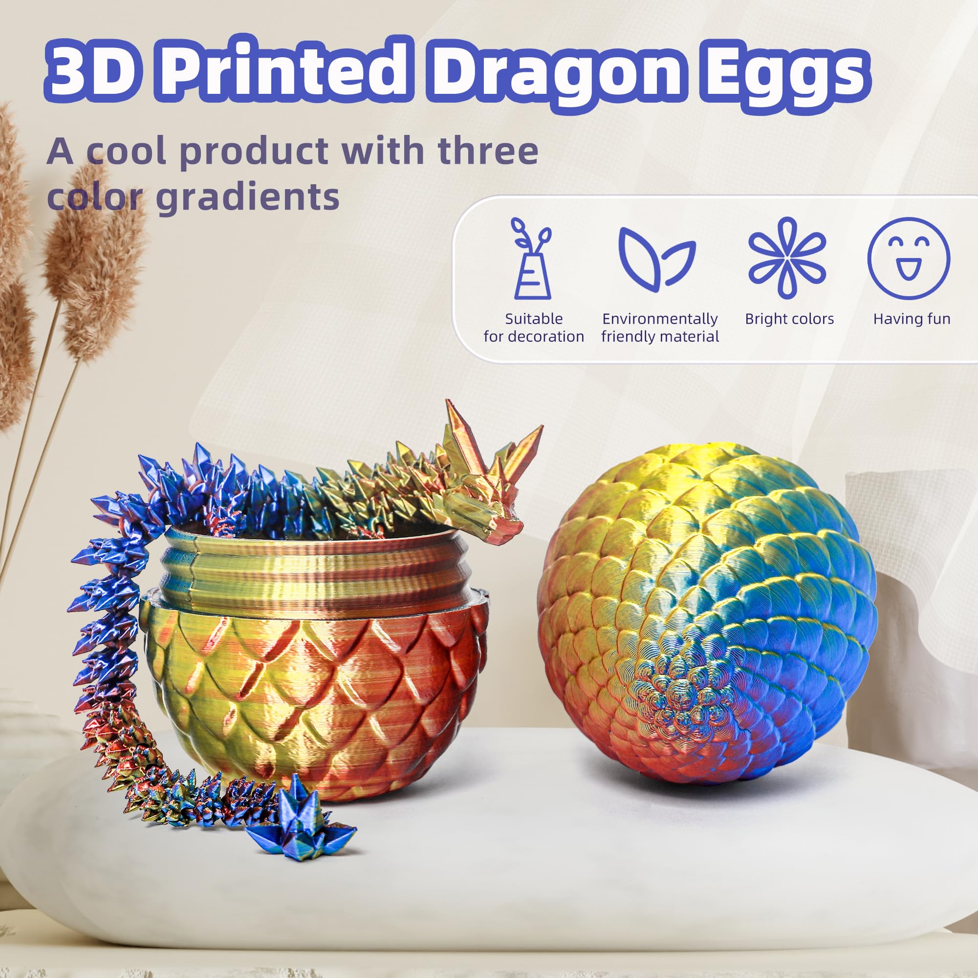 3D Printed Dragon Egg - Flexible Crystal Dino Toy for Easter, Birthday & Desk Decor (Gold Red Blue)