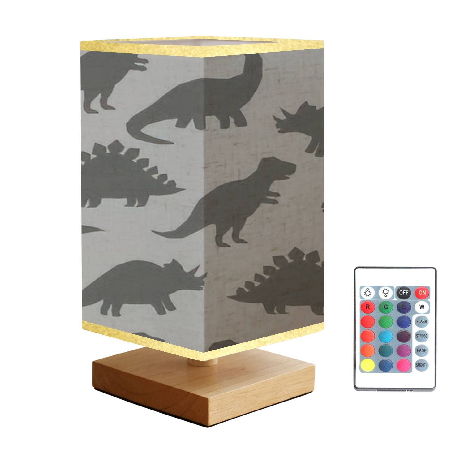 Dimmable Square Bedside Table Lamp with Hand-Drawn Dinosaur Silhouette - Gray Cartoon Dino Design, Wooden Base & Flaxen Fabric Shade - Perfect Nightstand Lamp for Bedroom, Living Room, Nursery or Kids Room Decor