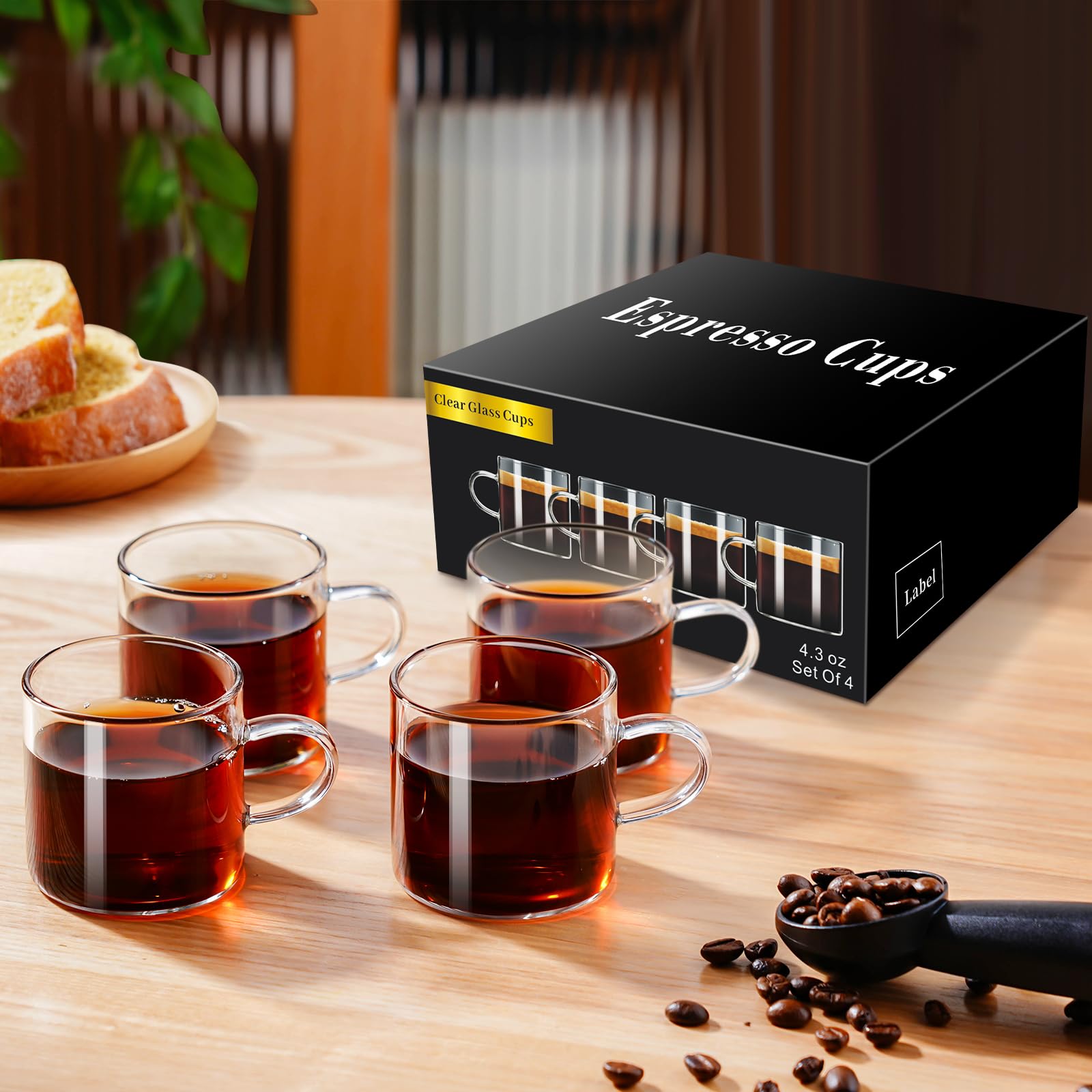 PARACITY 4-Pack Insulated Espresso Cups - 4.3oz High Borosilicate Glass Shot Glasses with Handle - Clear Coffee & Tea Cups for Home, Office & Cafe Use