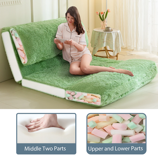 MAXYOYO Faux Fur Bean Bag Chair - Foldable Floor Sofa Bed with Foam Filling, Green Wall Couch Sleeper for Living Room, Bedroom & Dorm | Comfortable Lounge Chair for Reading, Gaming & Relaxing