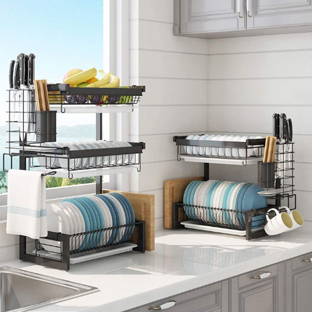 Stainless Steel 3-Tier Dish Drying Rack with Utensil Holder & Cutting Board Storage - Space Saving Kitchen Countertop Organizer for Dishes, Cups & Cookware (Black) - Perfect for Small Kitchens, Apartments & RV Living