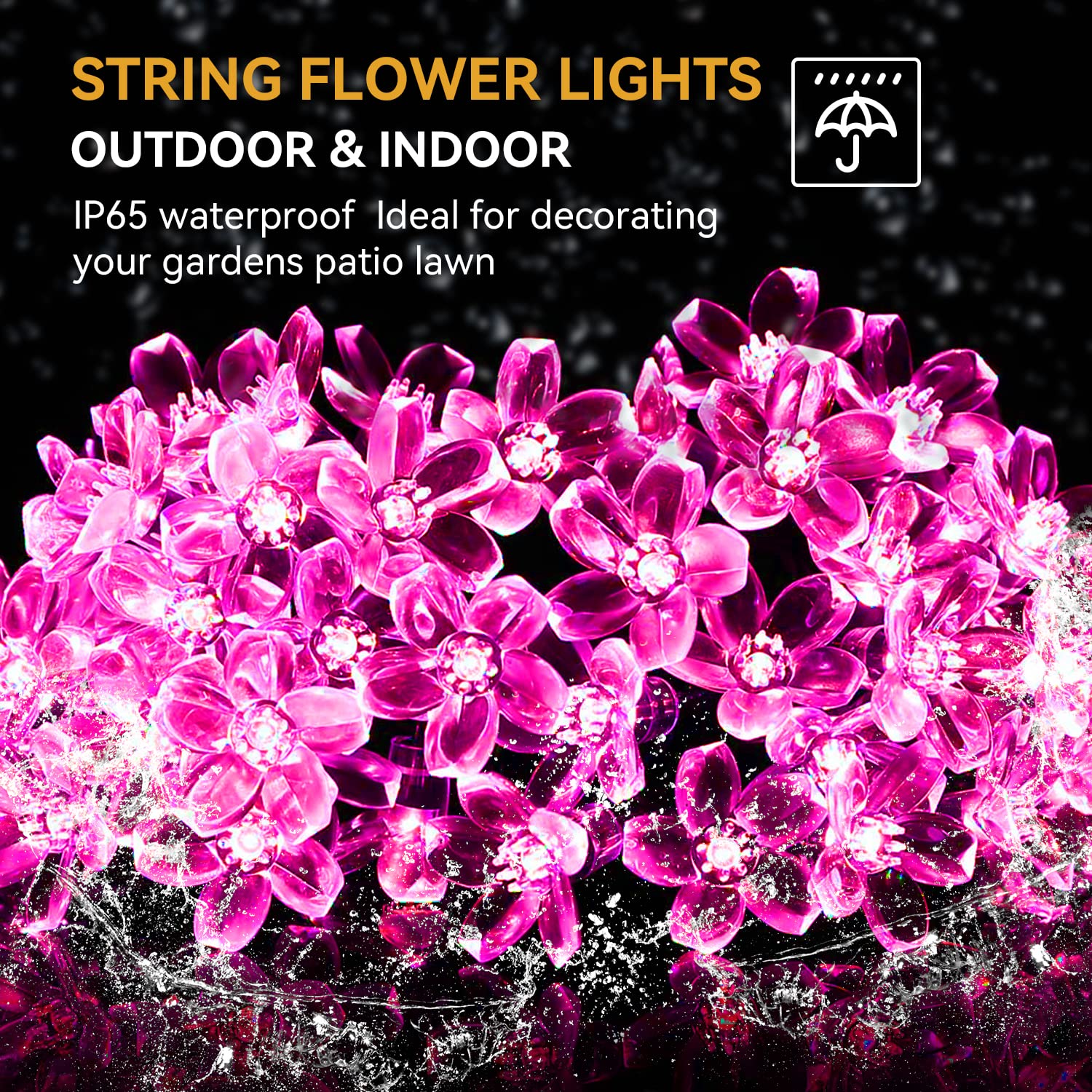 Solar String Flower Lights Outdoor Waterproof - 50 LED Fairy Lights for Garden, Fence, Patio, Yard, Christmas Tree, Lawn & Party Decorations (Pink) | Romantic Ambiance for Weddings, Backyard Gatherings & Holiday Celebrations