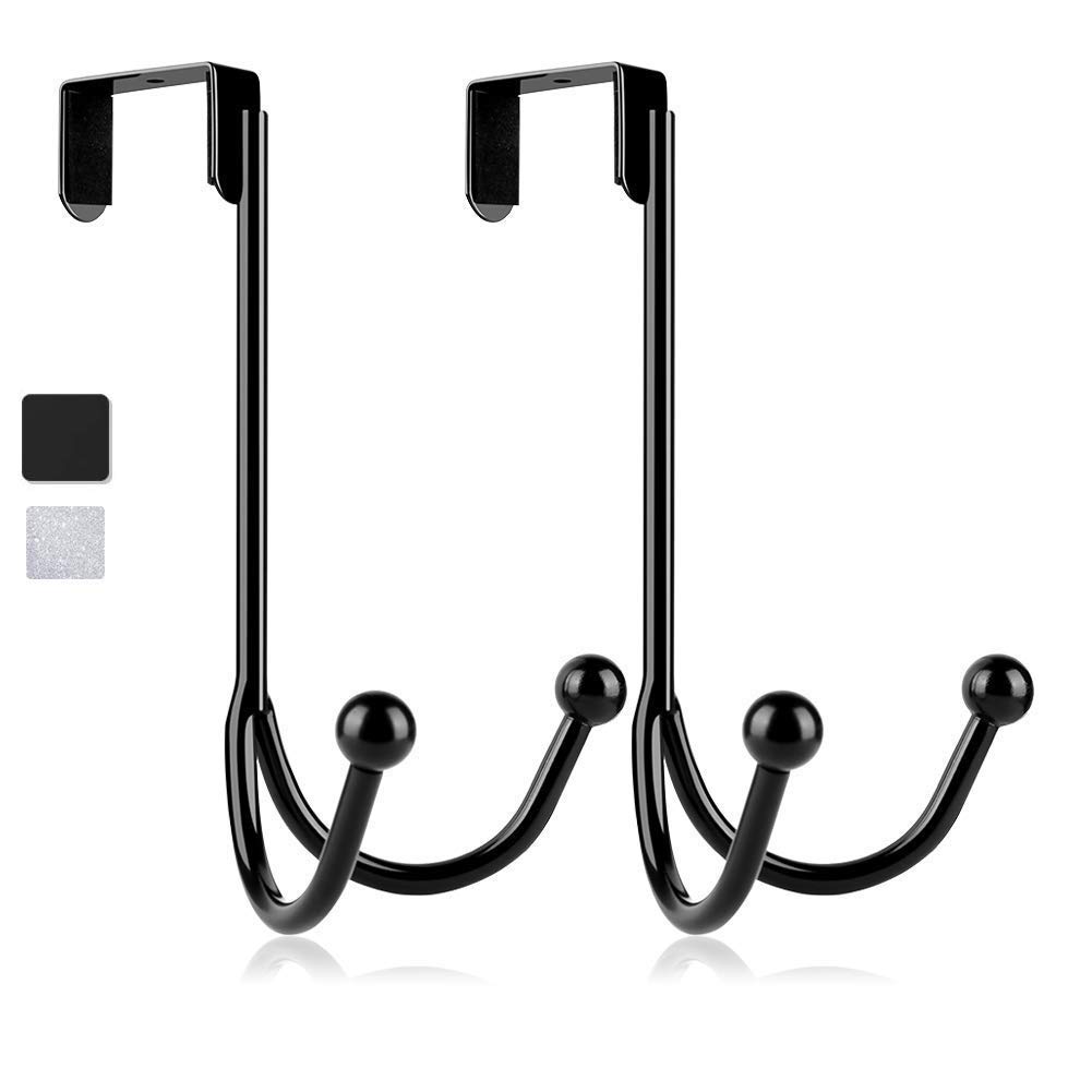 HFHOME 2-Pack Over The Door Double Hanger Hooks - Heavy Duty Metal Coat Hooks for Hanging Jackets, Hats, Robes & Towels - Space Saving Closet Organizer (Black) - Perfect for Bedroom, Bathroom & Entryway Storage