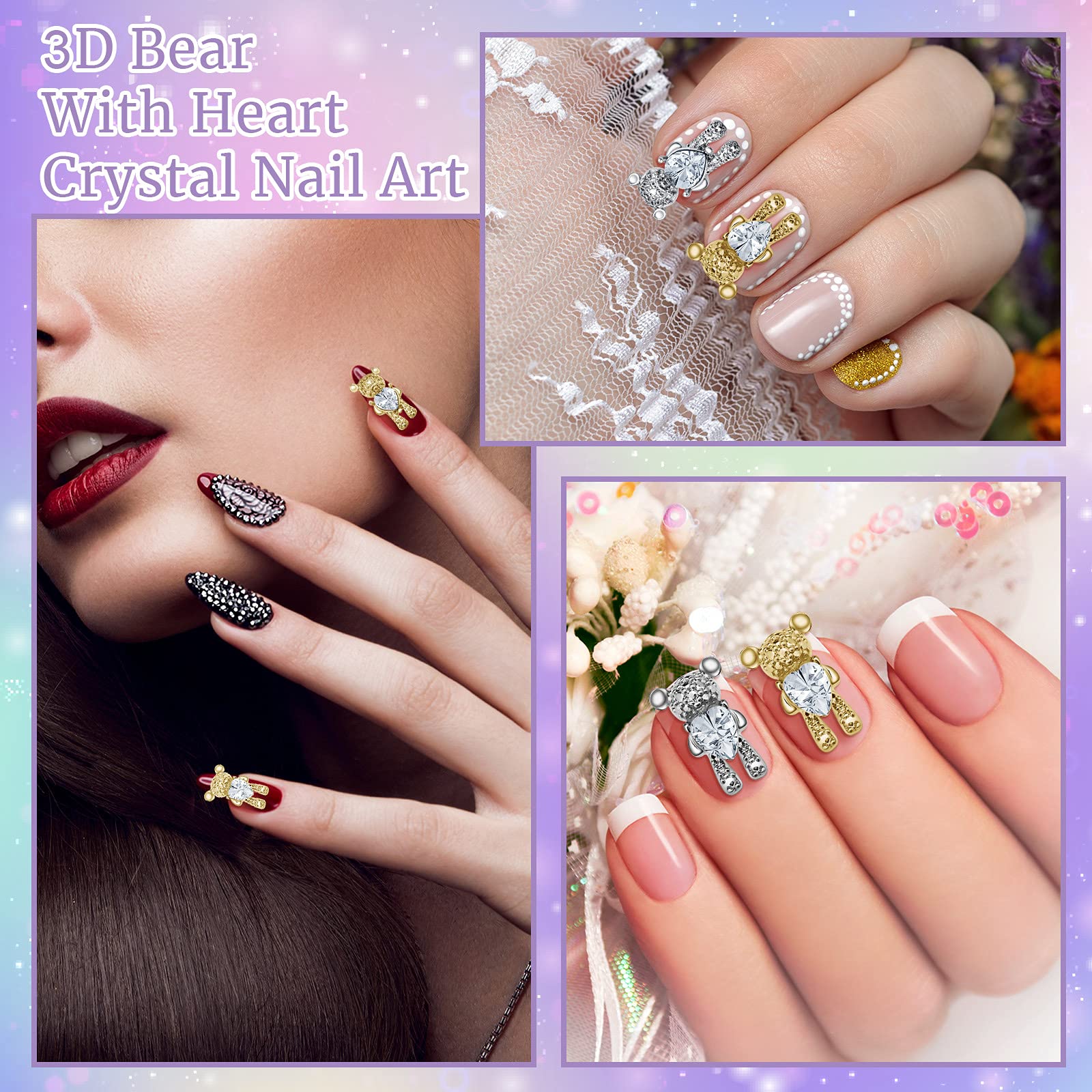 50Pcs 3D Bear Nail Art Charms - Cute Rhinestone Bear Nail Decorations for Women, Gold & Silver Alloy Manicure Accessories for DIY Nail Designs | Perfect for Parties, Weddings, and Everyday Nail Art