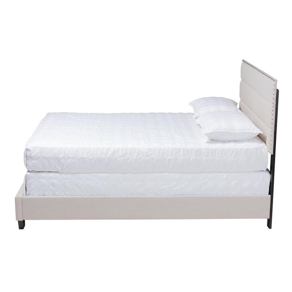 BOWERY HILL Queen Size Beige Fabric Upholstered Bed Frame with Wooden Slats - Modern Upholstered Platform Bed for Bedroom, Guest Room & Master Suite