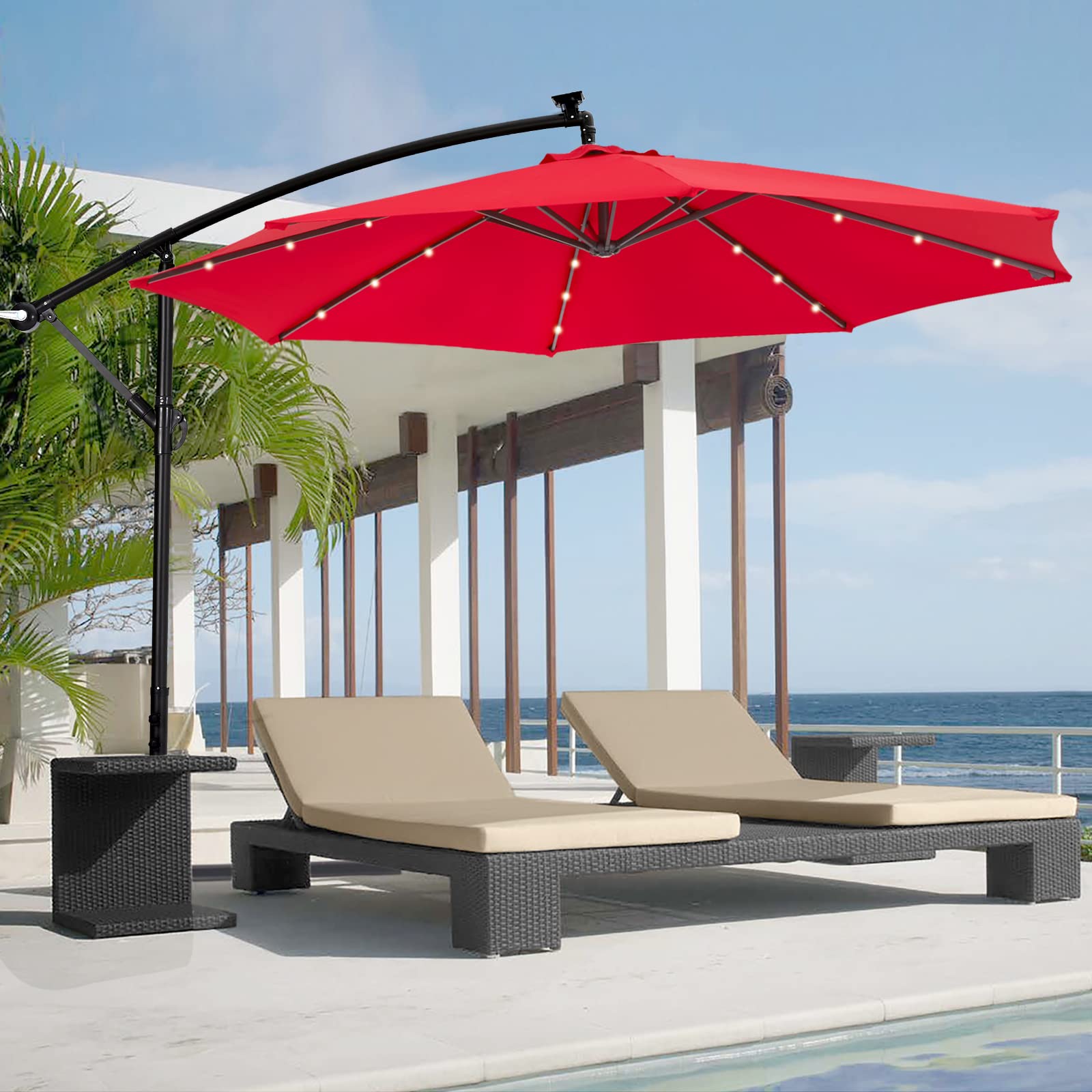 AECOJOY 10FT Solar Powered LED Cantilever Patio Umbrella with 24 Lights - Hanging Offset Market Umbrella with Cross Base for Backyard, Garden, Poolside (Red) | Perfect for Outdoor Dining, Lounging & Entertaining