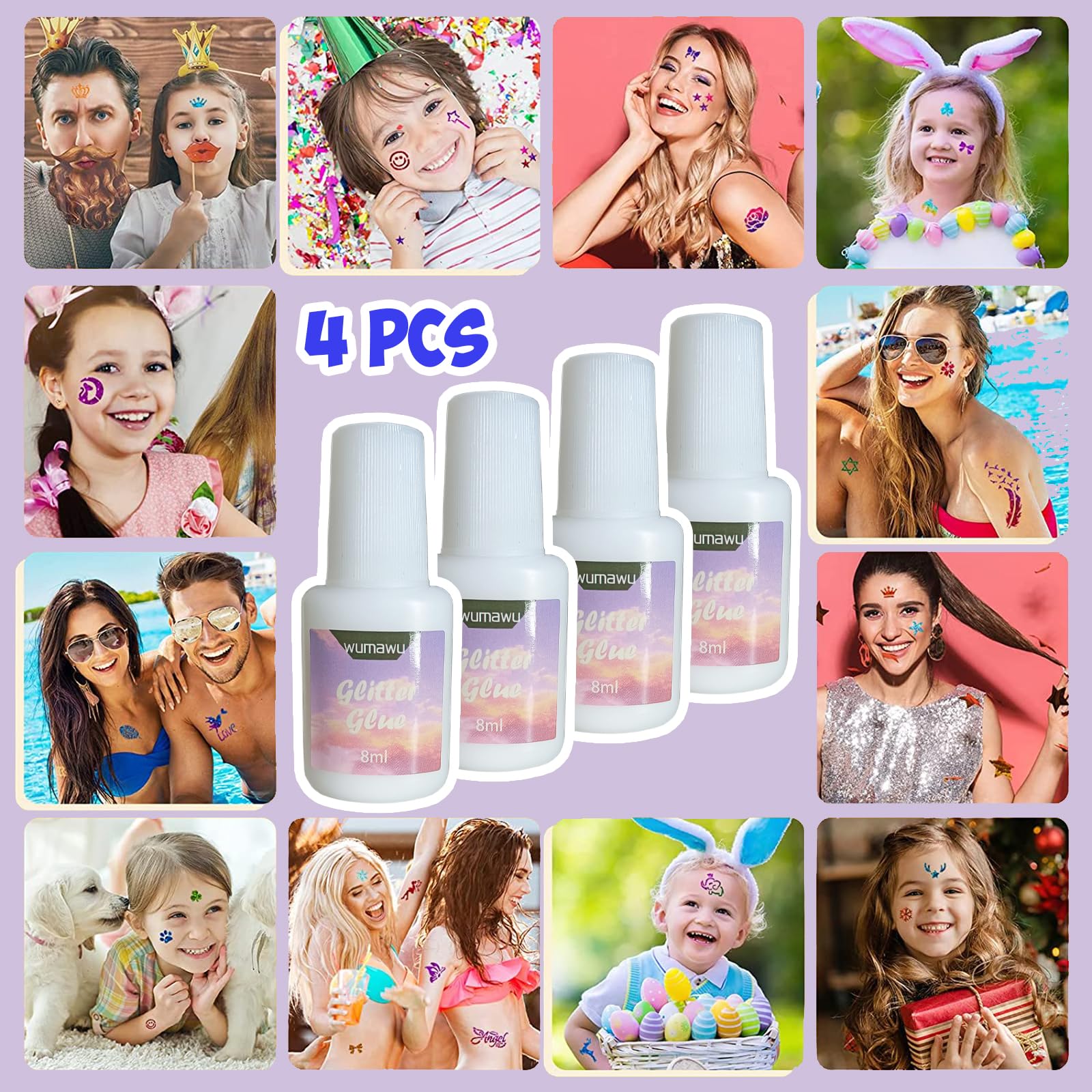 Wumawu Temporary Tattoo Glue - 8ml Water Soluble Glitter Adhesive with Brush Bottle for Body Art | Perfect for Halloween, Cosplay, Face Painting & Costume Events | Safe for Skin, Easy Wash Off (4 Pack)