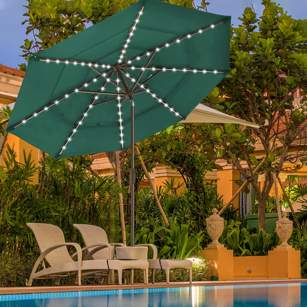EliteShade USA 10-Year Fade-Resistant 9ft Solar-Powered 3-Tier Patio Umbrella with 80 LED Lights - Outdoor Market Umbrella with Ventilation & UV Protection (Forest Green) - Perfect for Backyard, Poolside, Restaurant & Outdoor Dining Areas
