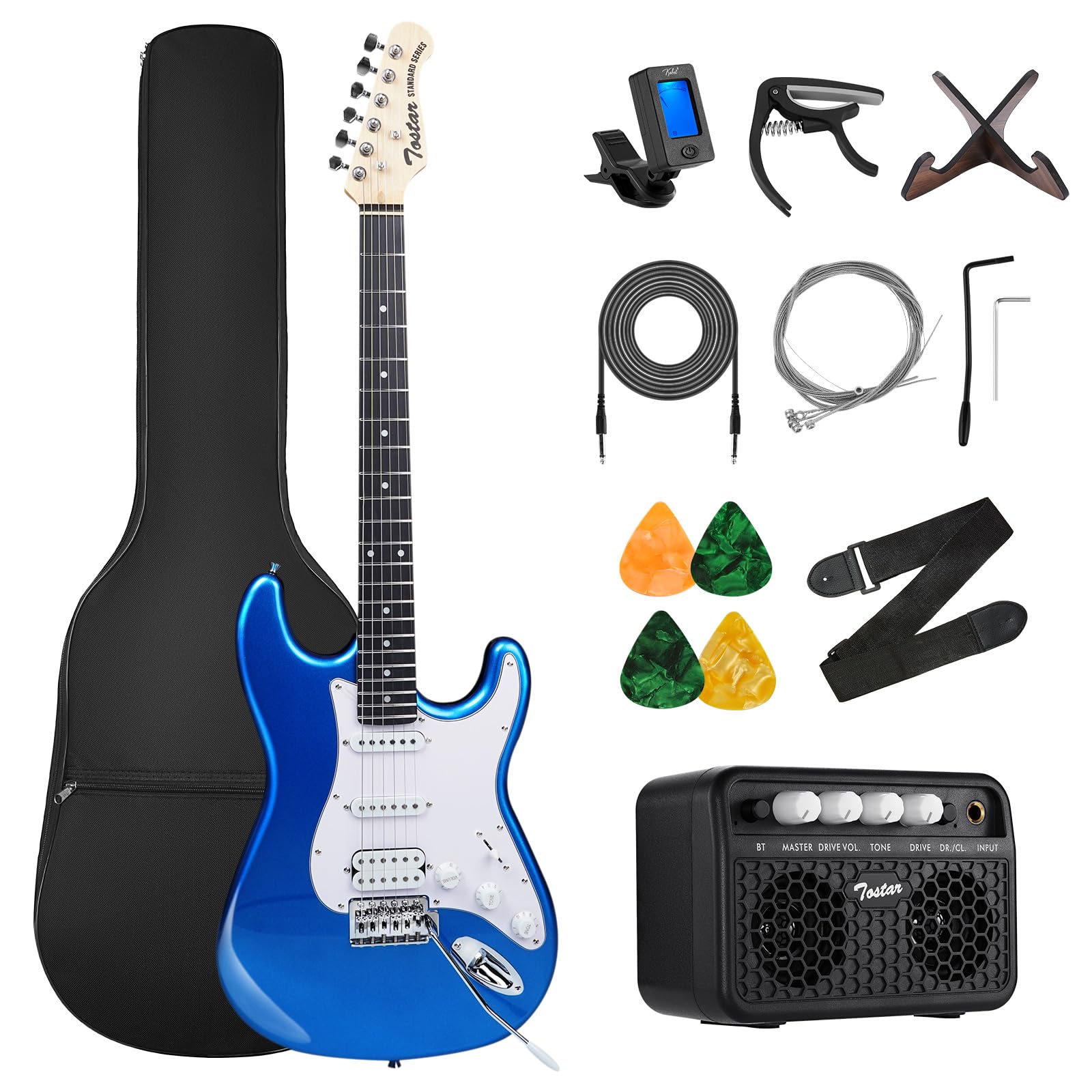 TOSTAR 39 Inch Solid Wood Electric Guitar Kit for Beginners - Right Handed, HSS Pickup, Poplar Body, Hand-Polished Lake Placid Blue with Amp | Perfect for Home Practice, Studio Recording & Live Performances