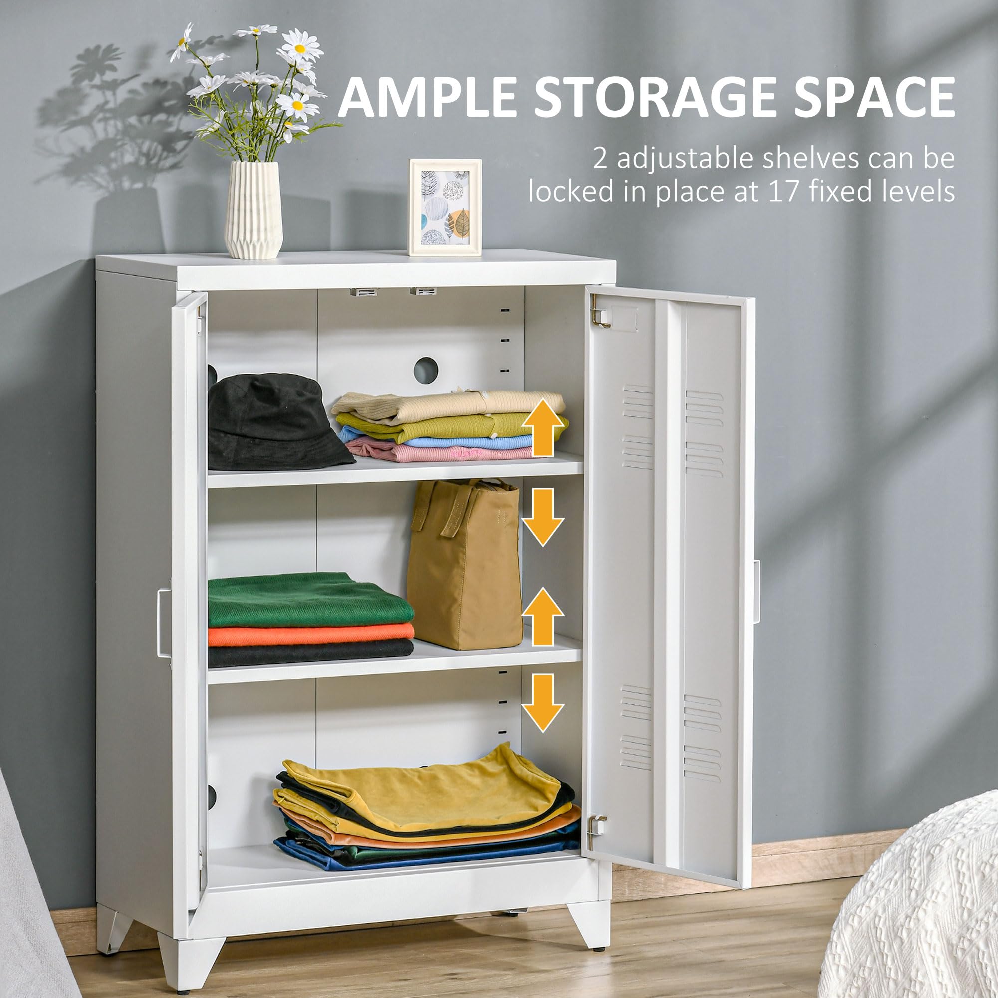 HOMCOM Industrial Storage Cabinet - Heavy Duty Steel Garage Cabinet with Double Doors & Adjustable Shelves, White - Perfect for Workshop, Garage, and Home Organization