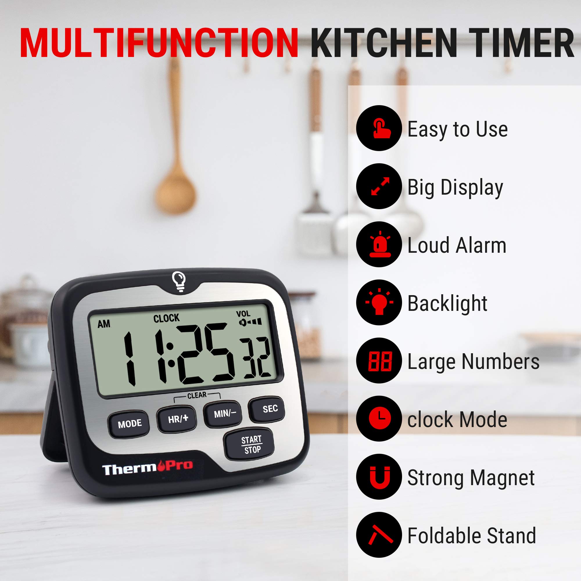 ThermoPro TM01 Digital Kitchen Timer with Large LCD Display, Adjustable Countdown, Loud Alarm & Backlight - Perfect for Cooking, Baking, Lab Experiments & Classroom Activities