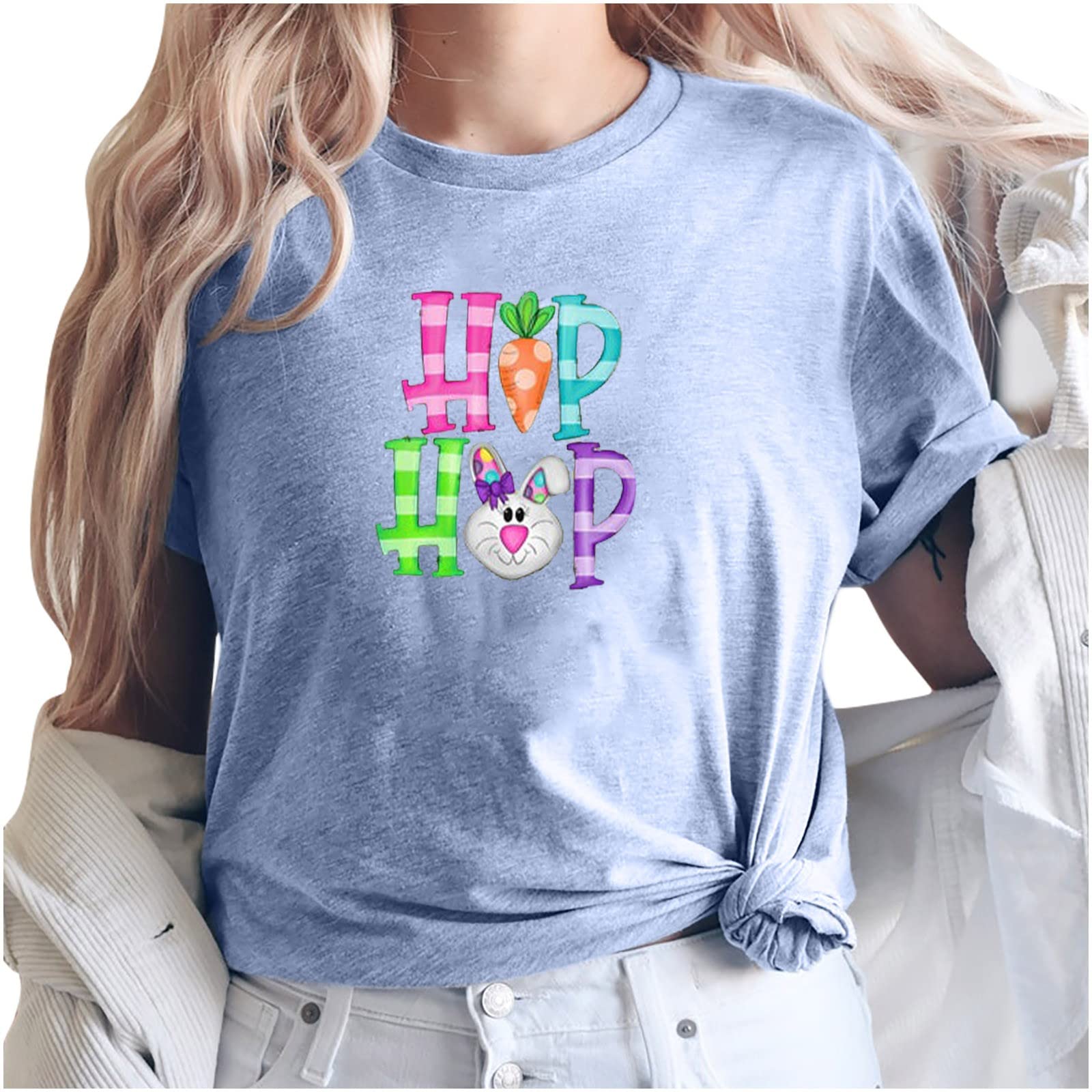 Women's Short Sleeve Graphic T-Shirt - Cute Bunny Rabbit Print for Easter, Lightweight Summer Casual Top | Perfect for Easter Celebrations, Spring Outings & Everyday Wear