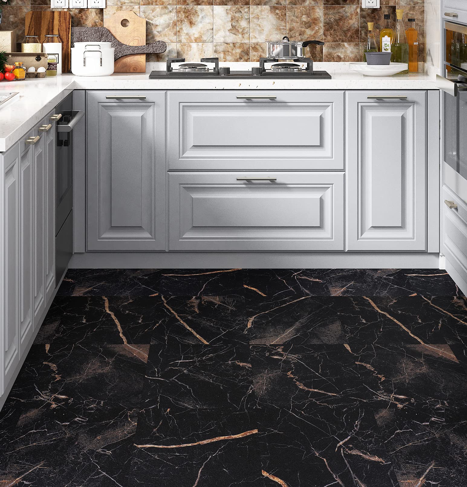 Black Marble Peel and Stick Vinyl Floor Tiles - 12