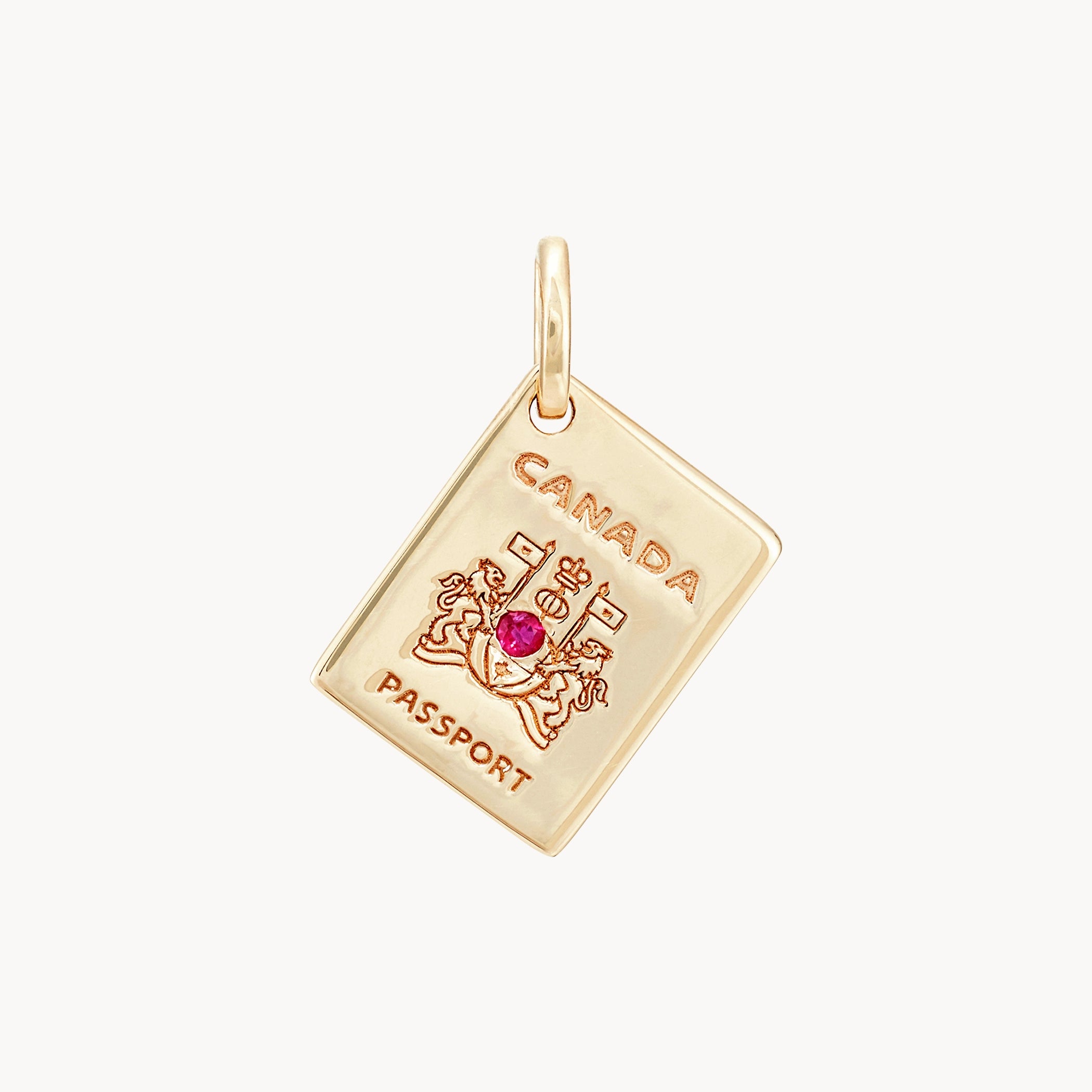 10K Yellow Gold Reversible Passport Charm with Ruby Gemstone - Glowing Hearts Design for Travel & Gift Giving
