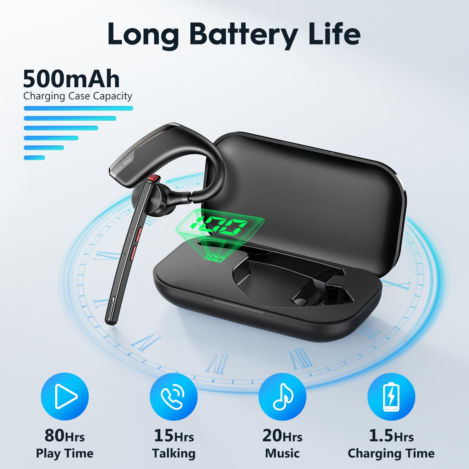 Wireless Bluetooth Earpiece V5.2 with 500mAh Charging Case - 80H Playtime, Dual Mic Noise Cancelling Hands-Free Headphones for Phone Calls, Office, Driving & Commuting | Compatible with iPhone & Android Devices