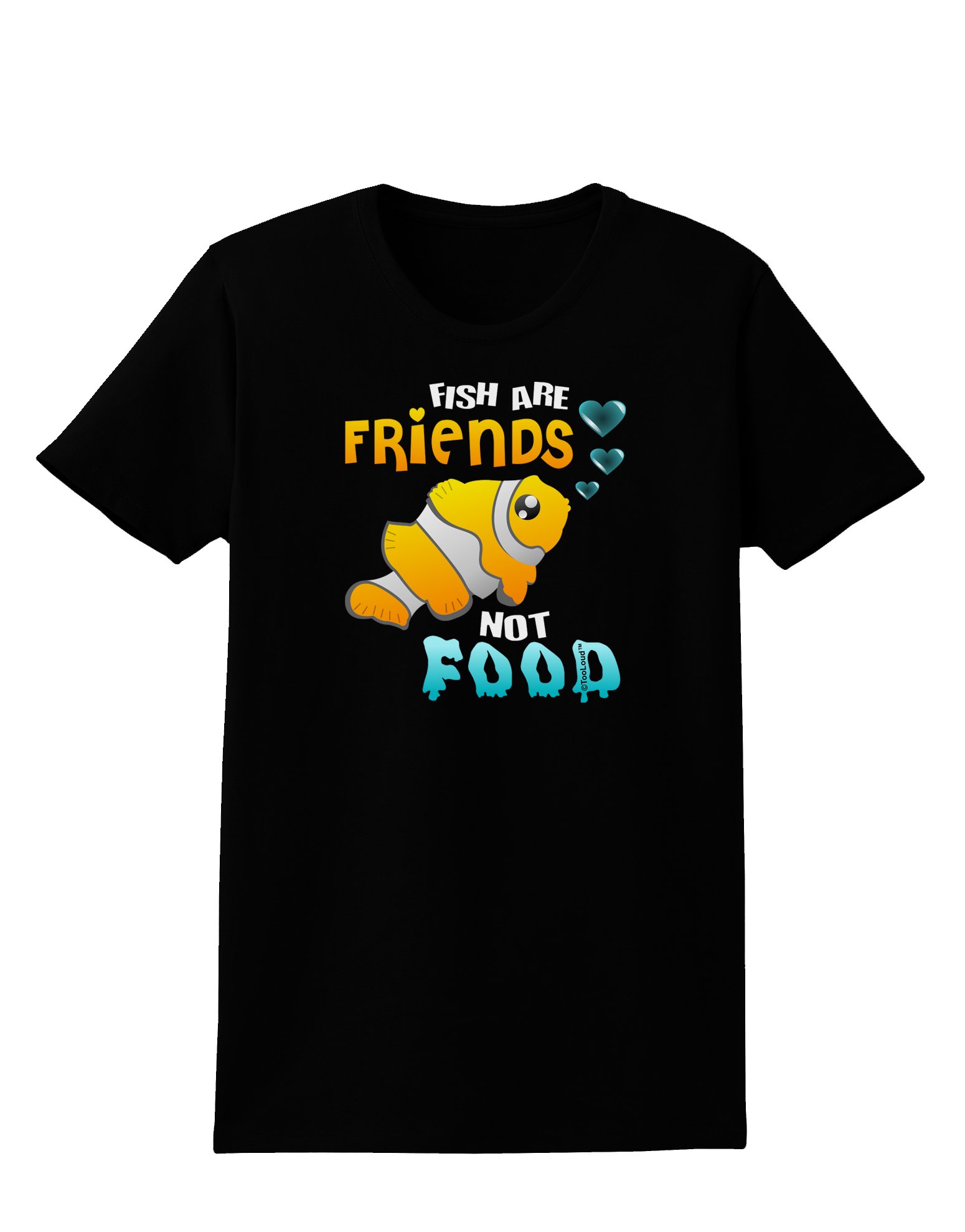 TooLoud 'Fish are Friends Not Food' Women's Dark Graphic T-Shirt | Funny Vegan Animal Rights Tee for Women | Perfect for Beach, Casual Wear & Animal Lovers