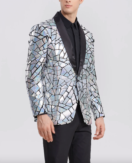 Men's Disco Mirrored Tuxedo Jacket - Shiny Party Blazer for Nightclub, Festival & Costume Events - Perfect for Halloween, Rave & Themed Parties