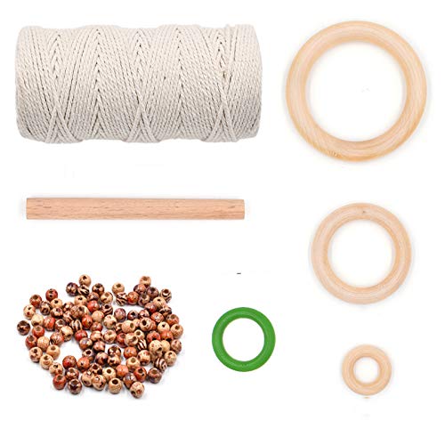 3mm 110Yards Natural Macrame Cotton Cord with Wooden Beads, Rings & Sticks - DIY Knitting Crafts, Wall Hanging, Plant Hangers, Home Decor - Perfect for Handmade Jewelry, Boho Home Decor & Gift Making