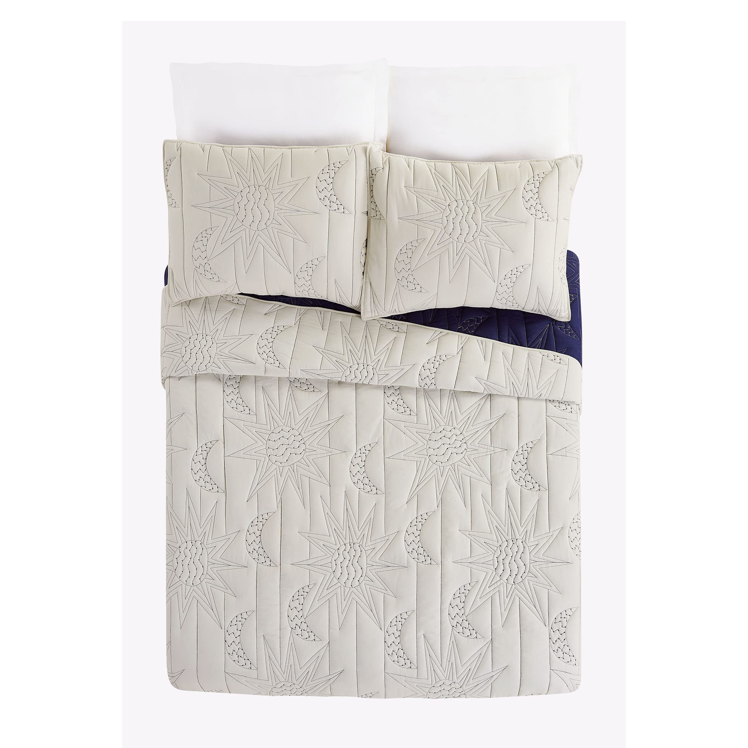 Justina Blakeney Makers Collective Sun & Moon King Size Quilt Set - Natural & Blue Boho Chic Bedding for Bohemian & Eclectic Home Decor | Perfect for Master Bedrooms, Guest Rooms & Cozy Retreats