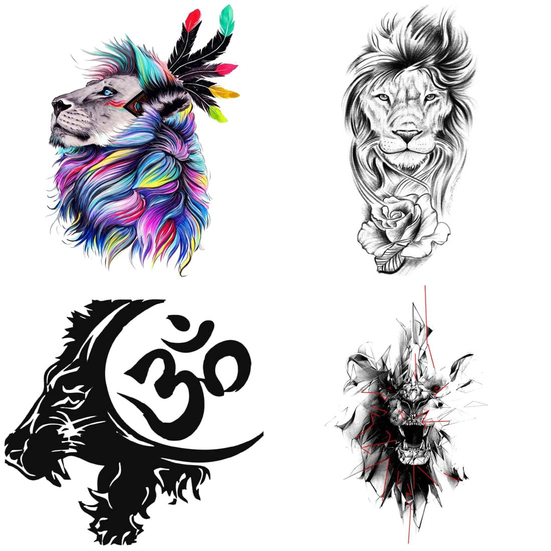 Lion Tribal Om Temporary Tattoos for Men & Women - Pack of 4 Waterproof Fake Tattoo Stickers (2x4 Inch) - Perfect for Parties, Festivals & Body Art