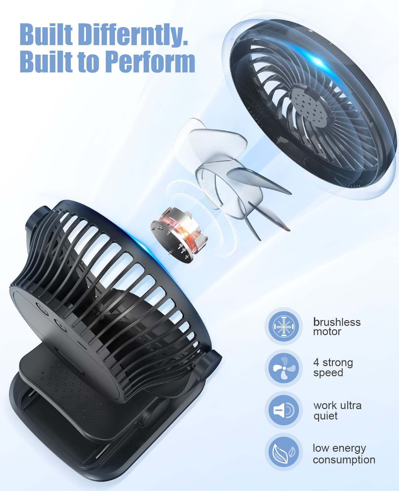 LEMOISTAR Battery Operated Clip on Fan - 4 Speed Ultra Quiet Portable Fan with Adjustable Angle, AA/USB Powered for Baby Stroller, Desk, Camping & Outdoor Use - Perfect for Nursery, Office, Travel and Summer Activities