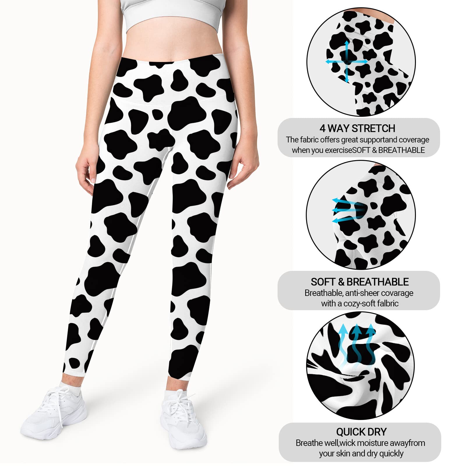Artsadd Women's High Waisted Yoga Pants - Cow Print 7/8 Length Leggings with Tummy Control, Compression Running Capris for Workout & Lounge Wear