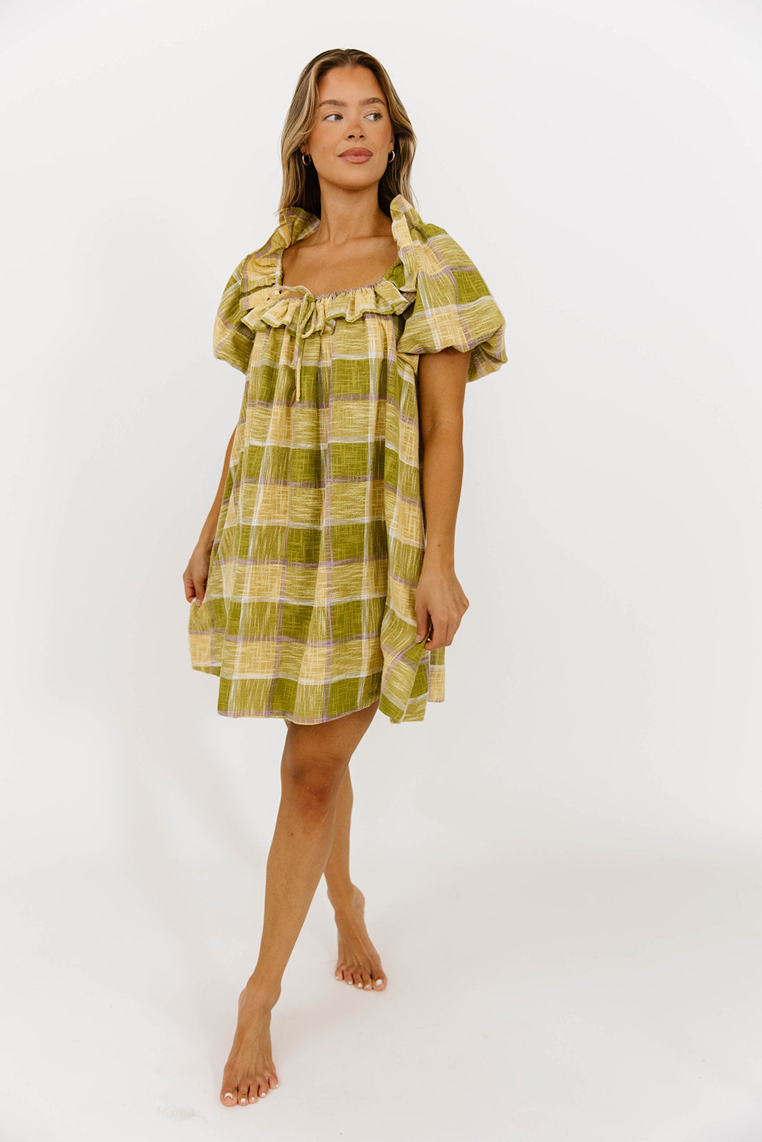 Deedee Plaid Weave Mini Dress in Green | Women's Casual Flowy Summer Dress for Party, Date Night & Outdoor Activities