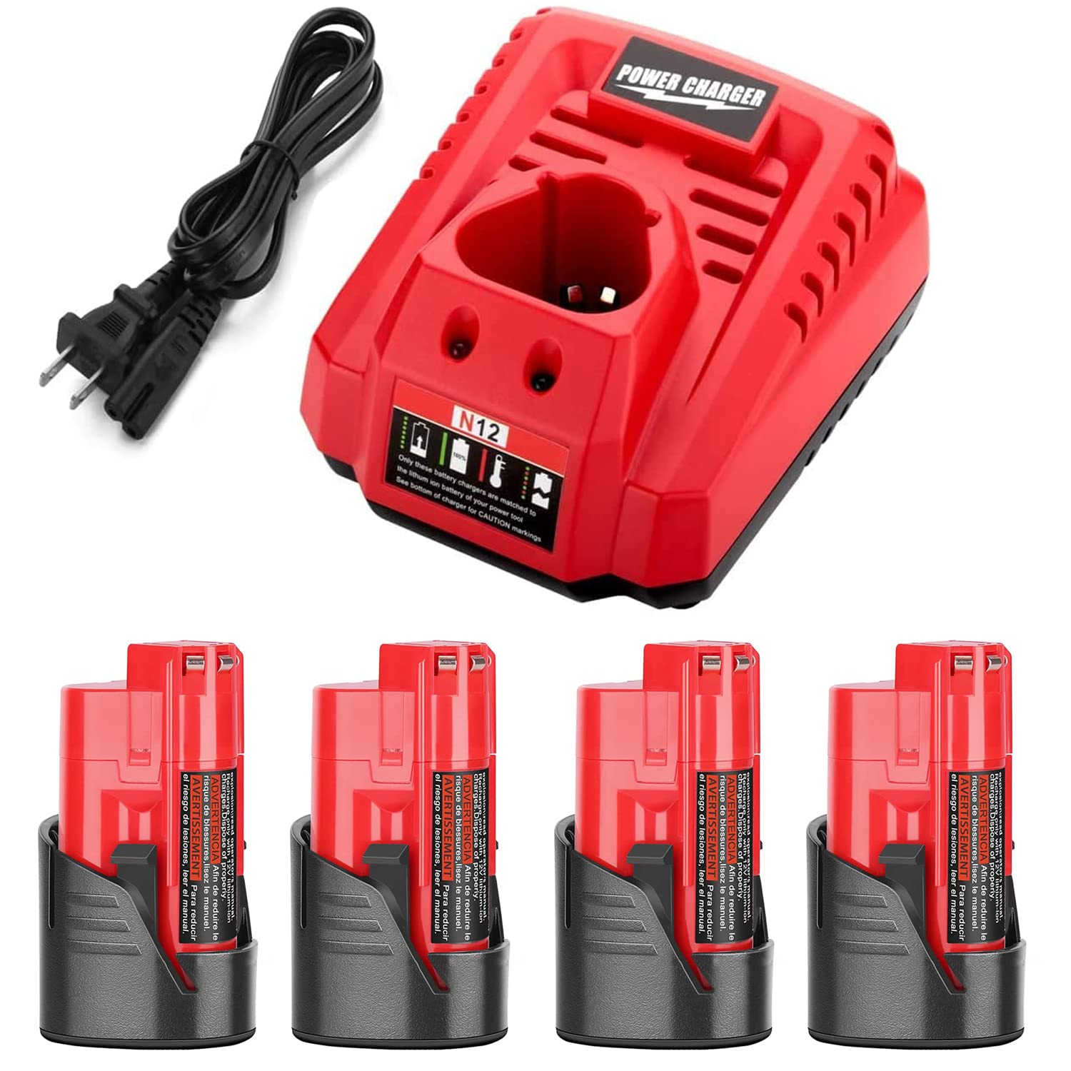 Powilling 4-Pack 3500mAh 12V Lithium Replacement Battery & Rapid Charger Compatible with Milwaukee M12 Tools - Perfect for Drills, Saws, and Power Tools in Construction & DIY Projects
