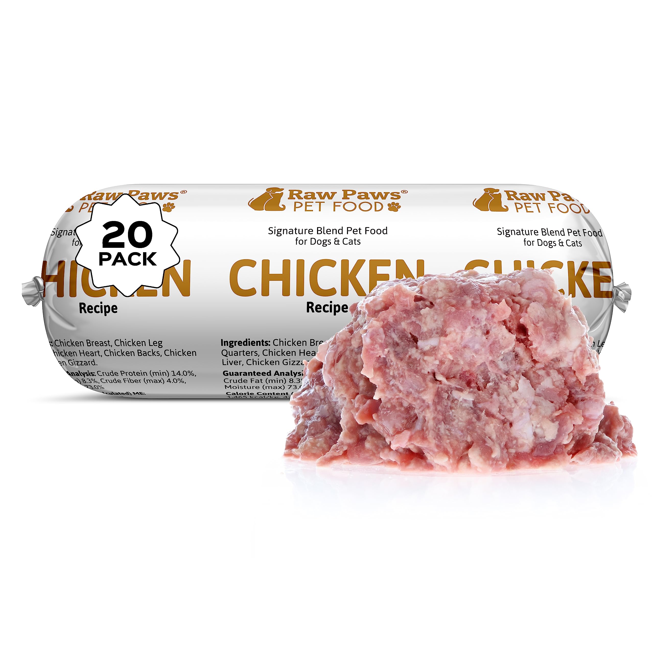 Raw Paws Signature Blend Natural Raw Pet Food for Dogs & Cats - Chicken Recipe, 1-lb Rolls (20 Pack) - Grain-Free, Human-Grade, Made in USA - Perfect for Raw Diet Meal Prep & Freezer Storage