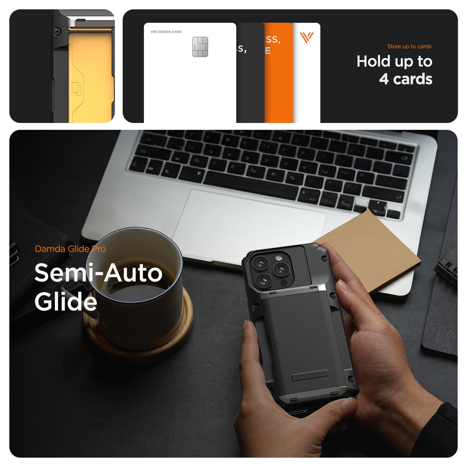 VRS DESIGN Damda Glide Pro iPhone 16 Pro Max (2024) Wallet Case with Semi-Auto Card Slot - Holds 4 Cards - Durable Metallic Red Cover - Perfect for Everyday Use, Travel & Business