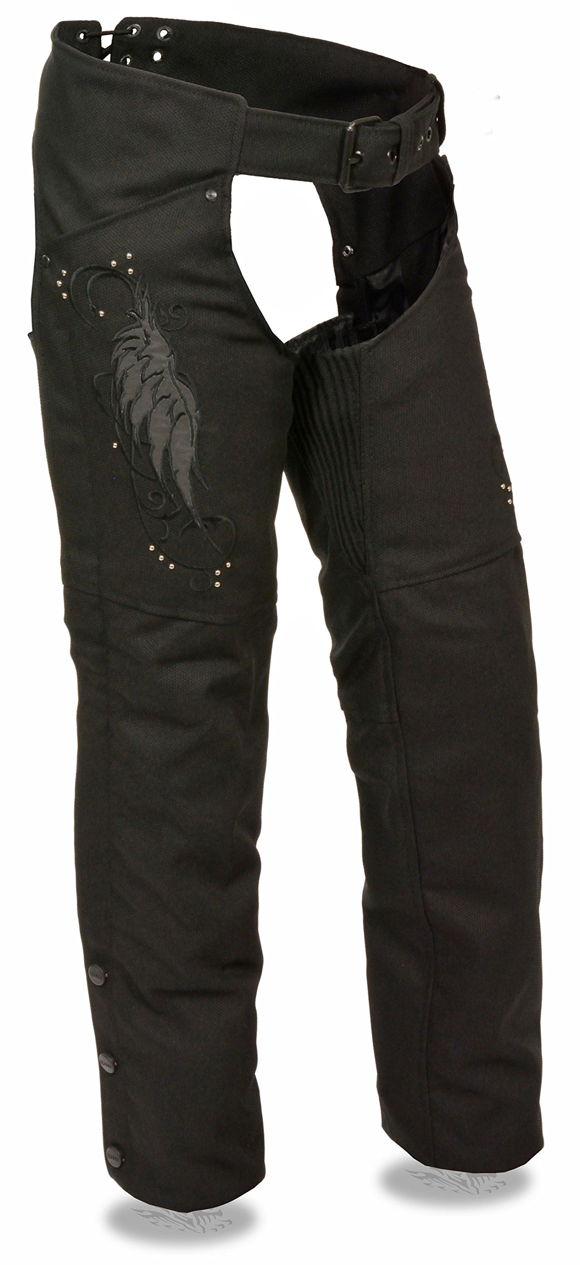 Milwaukee Leather Women's Textile Motorcycle Chaps with Wing & Rivet Detailing - Black Riding Pants for Harley Davidson & Cruiser Bikes
