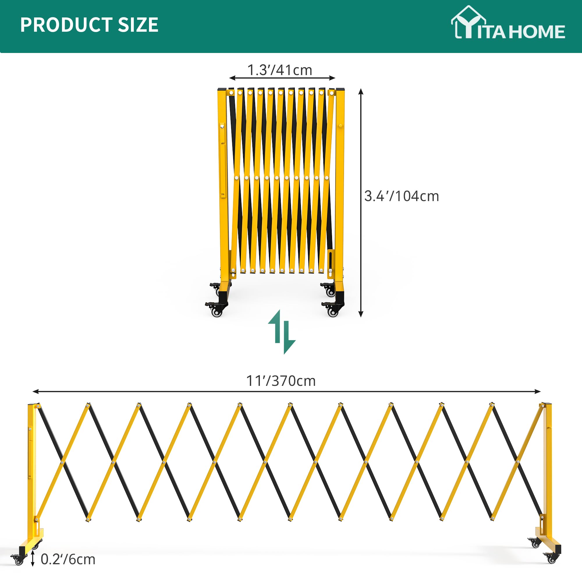 YITAHOME 11FT Expandable Metal Barricade Gate - Heavy Duty Folding Security Gate with Wheels for Driveway, Warehouse, and Outdoor Safety Protection | Industrial Grade Mobile Barrier for Construction Sites, Events, and Crowd Control