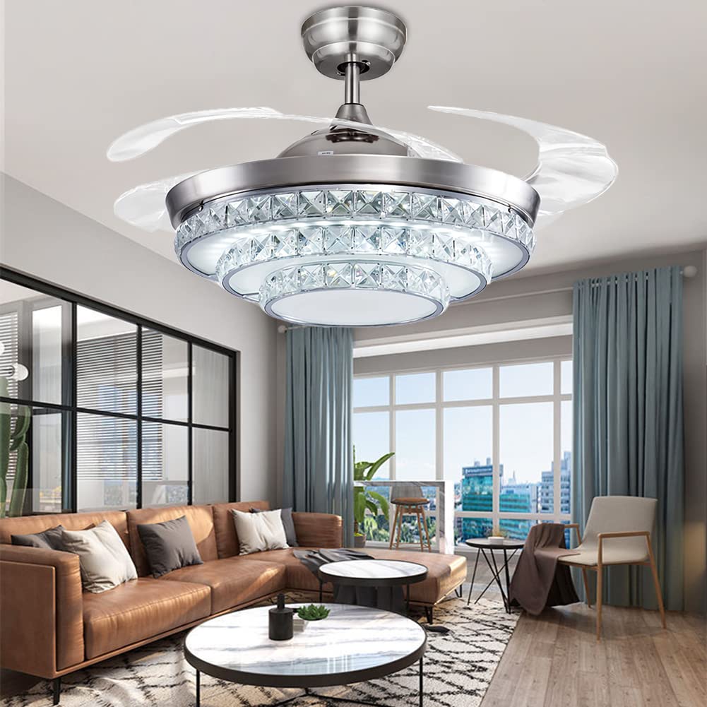 42 Inch Crystal Ceiling Fan with Light and Remote Control - Modern LED Chandelier Fan with Retractable Blades for Dining Room, Living Room, Bedroom - Silver Finish - Energy Efficient & Quiet Operation